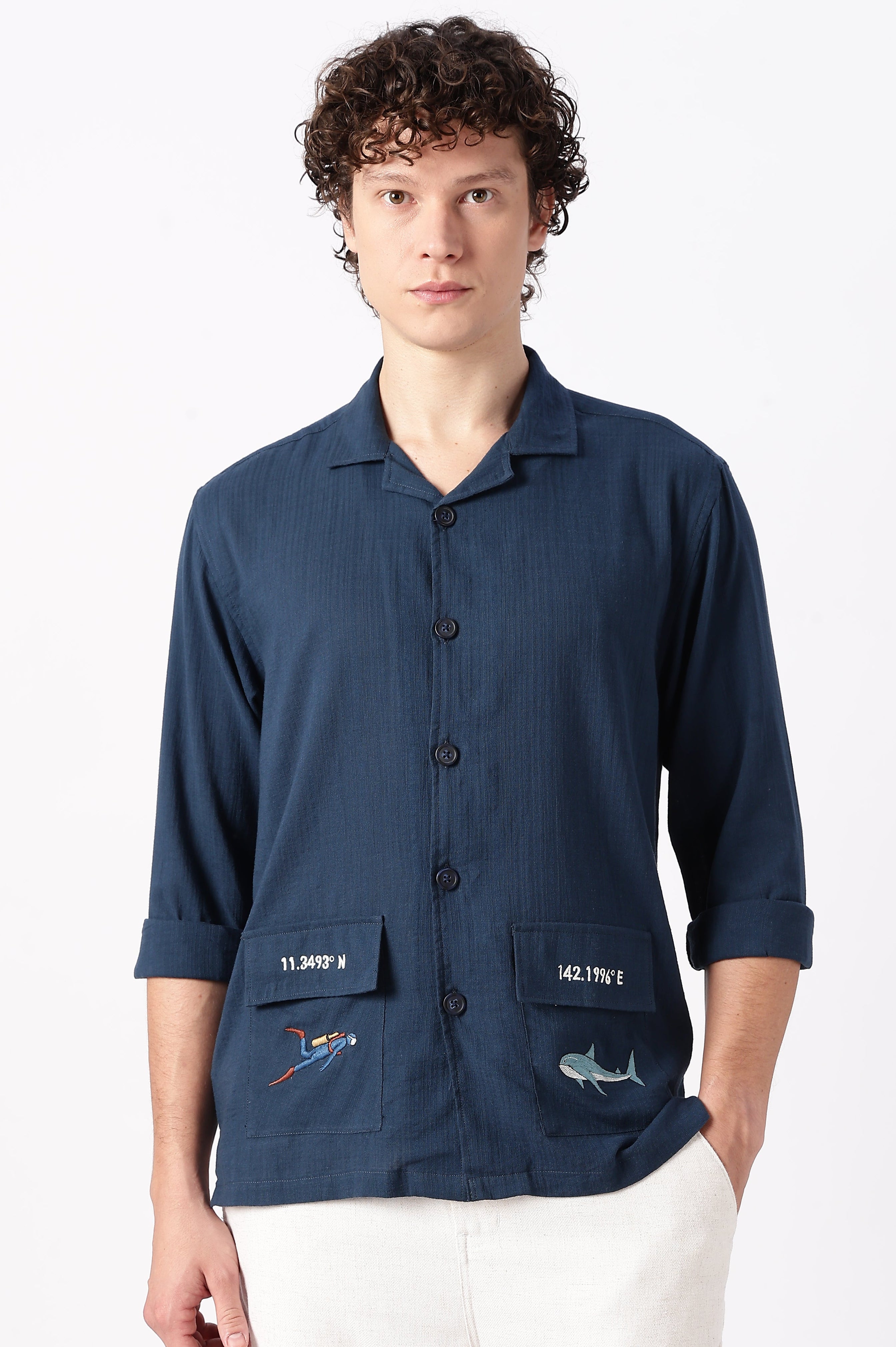 Ocean Coordinates Cotton Box Fit Navy Embroidered Shirt
