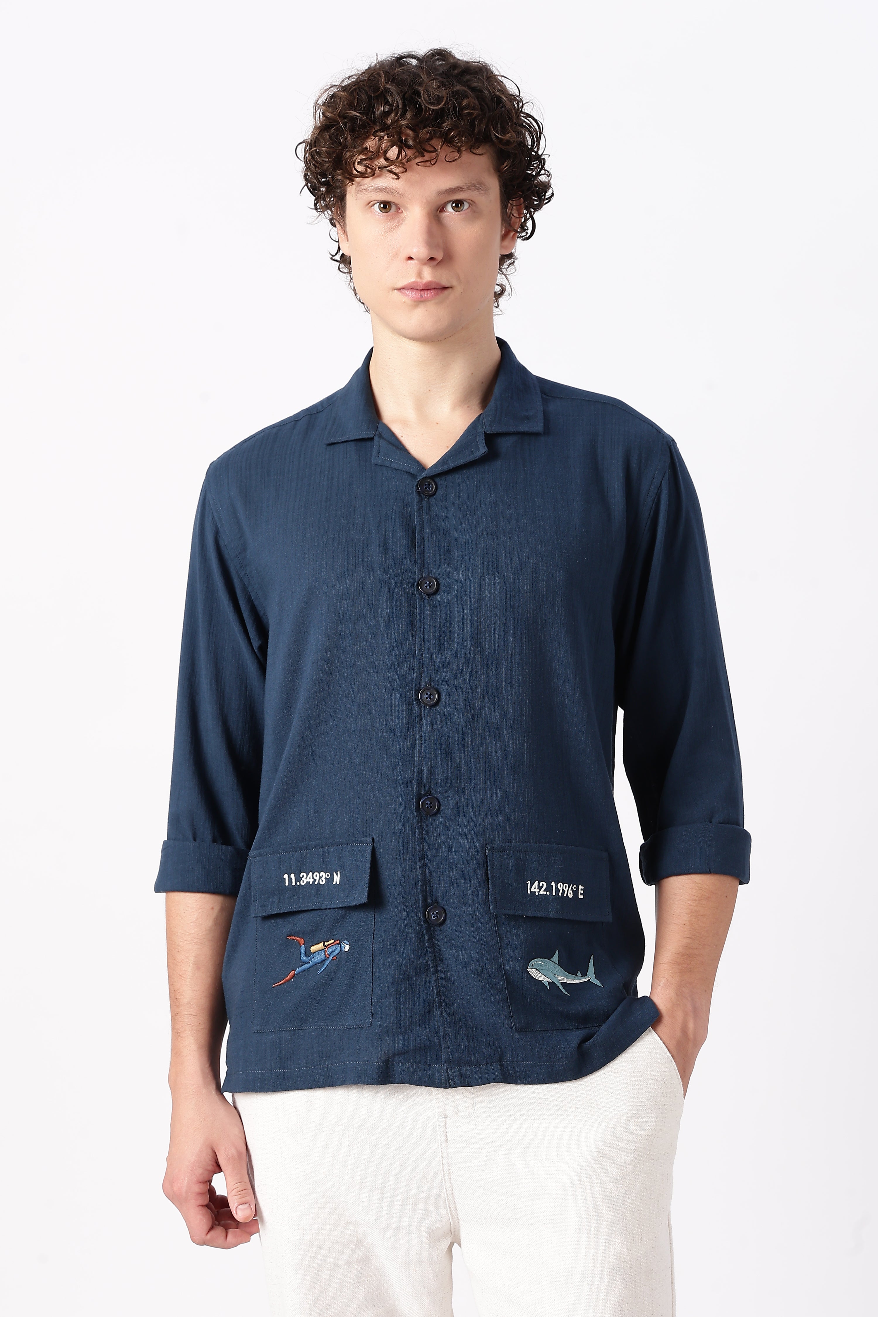 Ocean Coordinates Cotton Box Fit Navy Embroidered Shirt