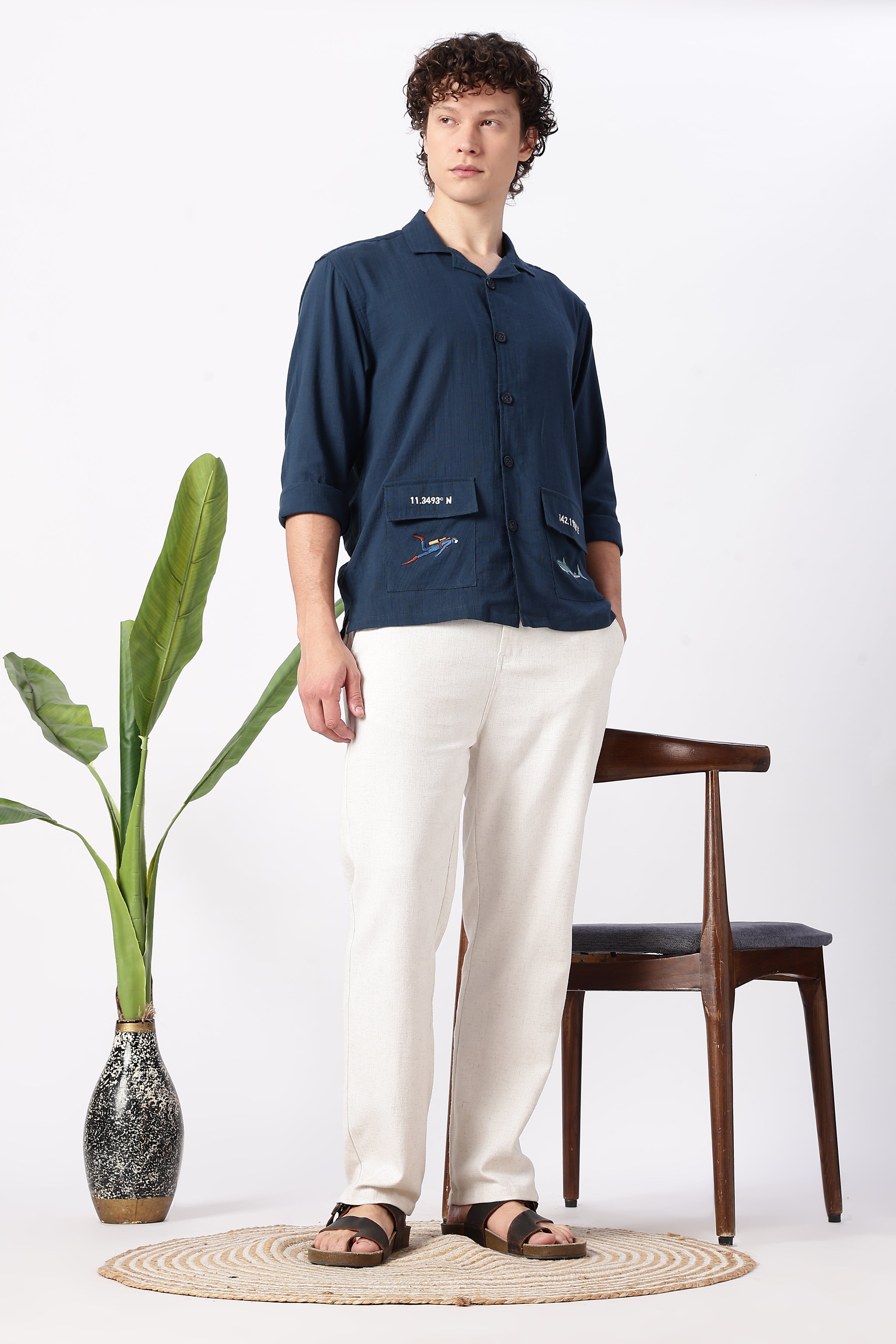 Ocean Coordinates Cotton Box Fit Navy Embroidered Shirt
