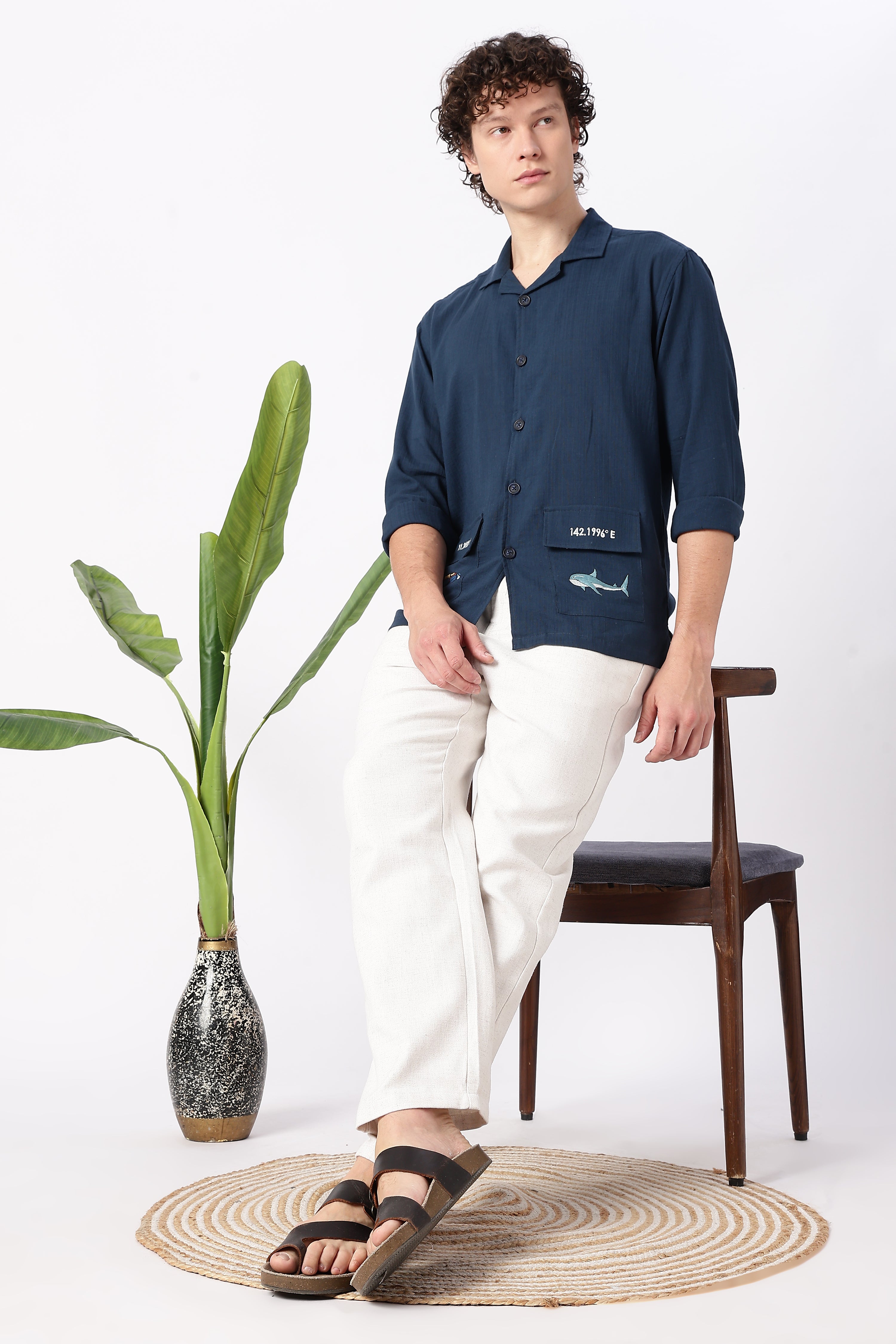 Ocean Coordinates Cotton Box Fit Navy Embroidered Shirt