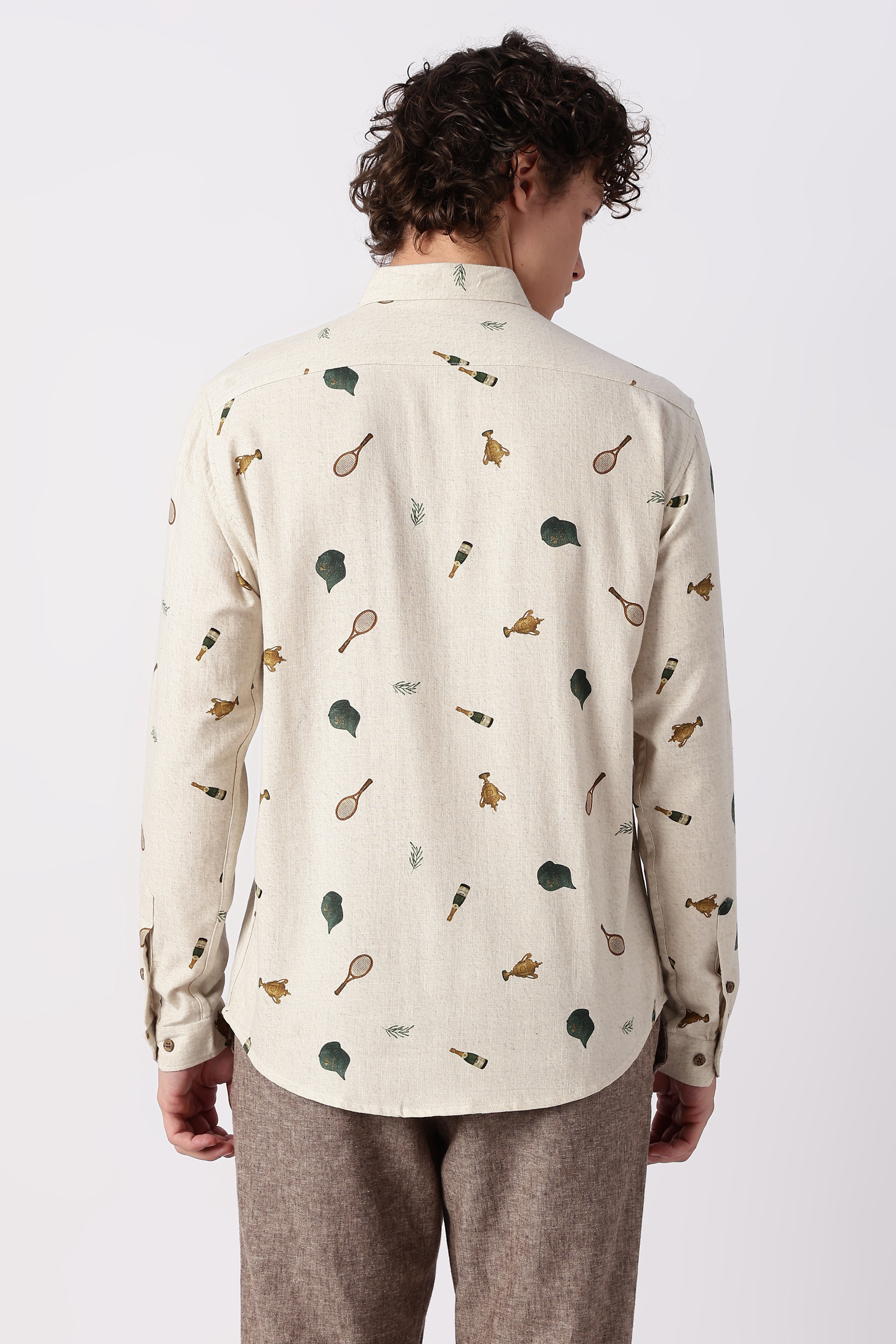 Clubhouse Story Cotton Regular Fit Beige Printed Shirt