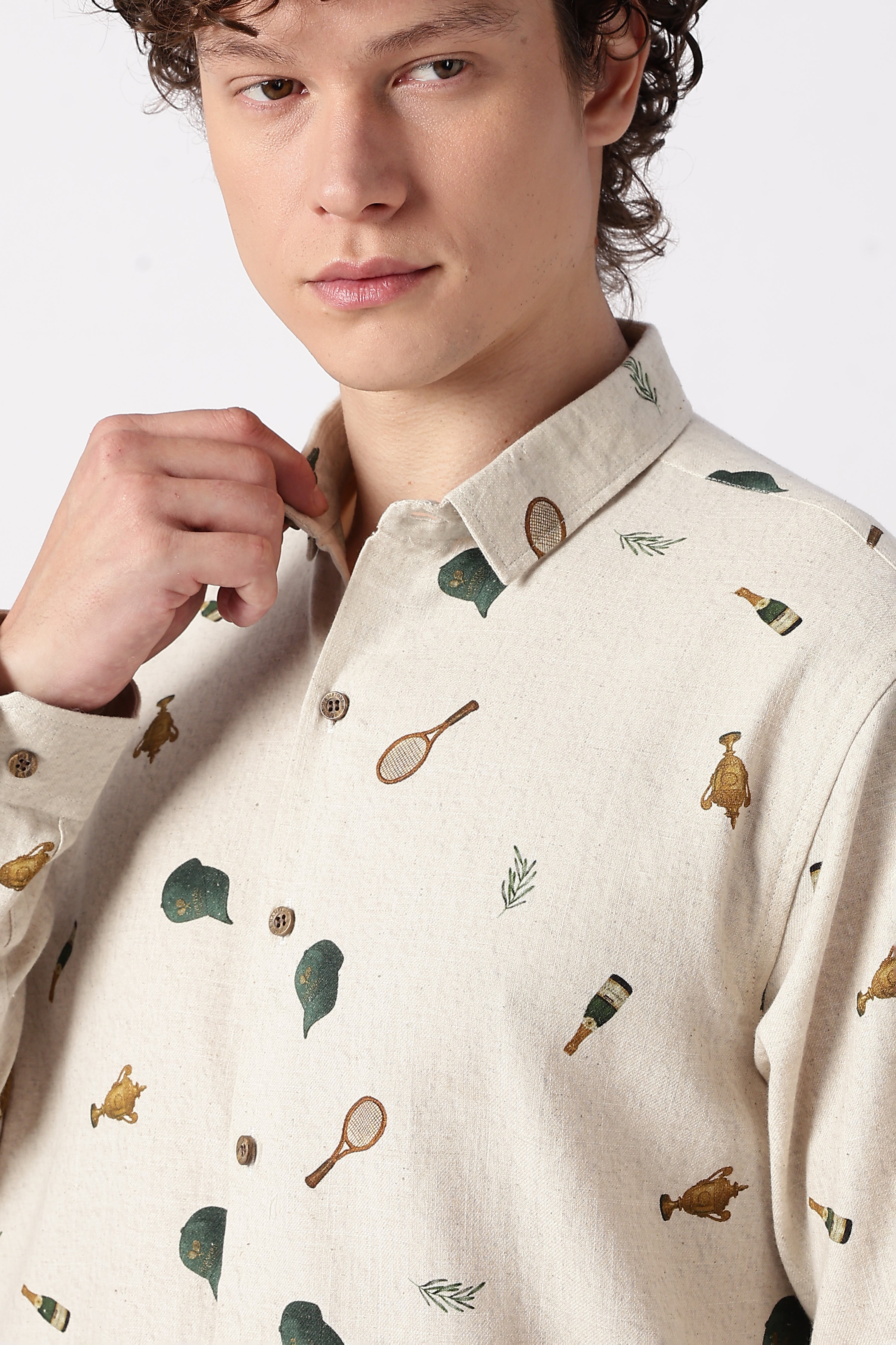 Clubhouse Story Cotton Regular Fit Beige Printed Shirt
