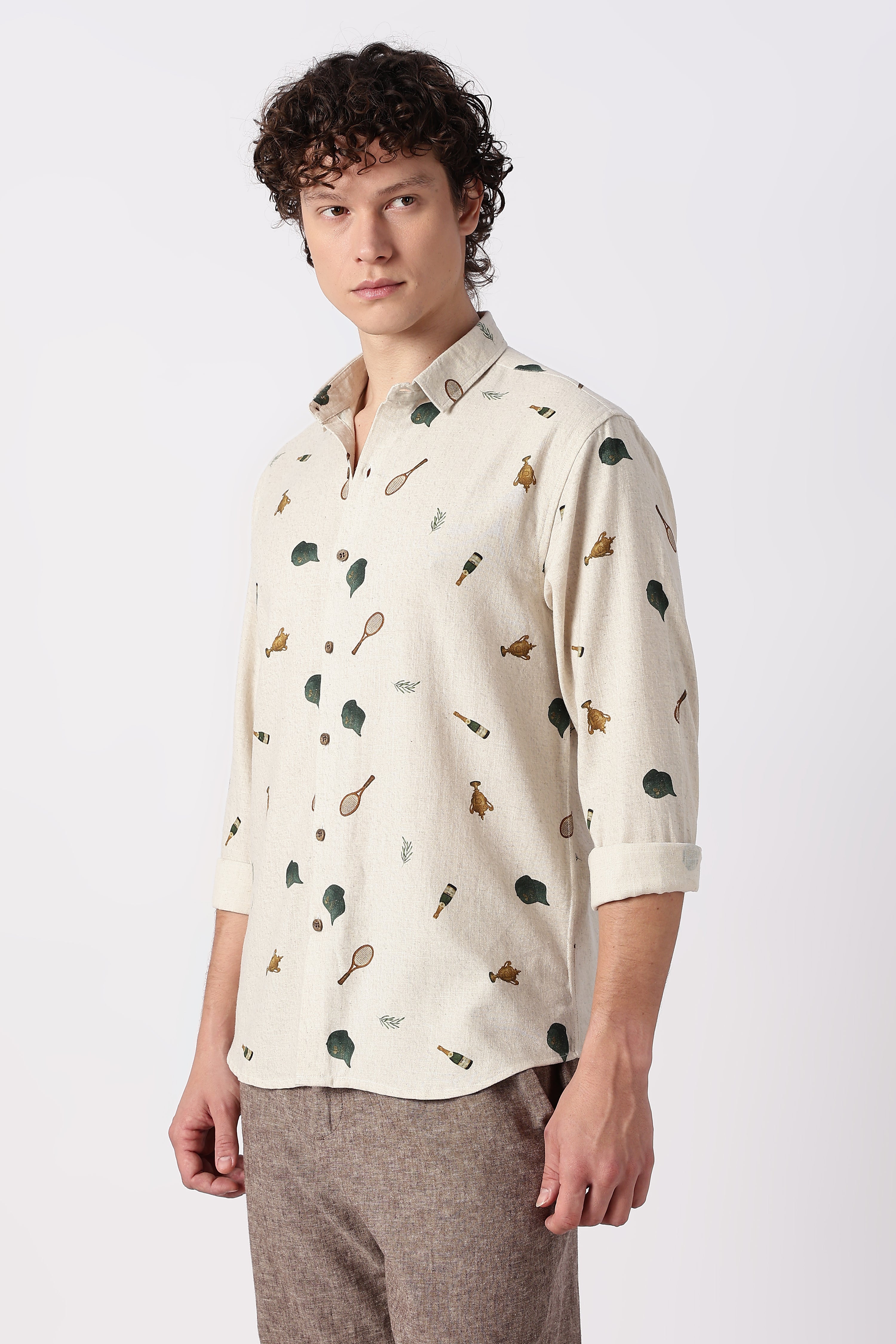 Clubhouse Story Cotton Regular Fit Beige Printed Shirt