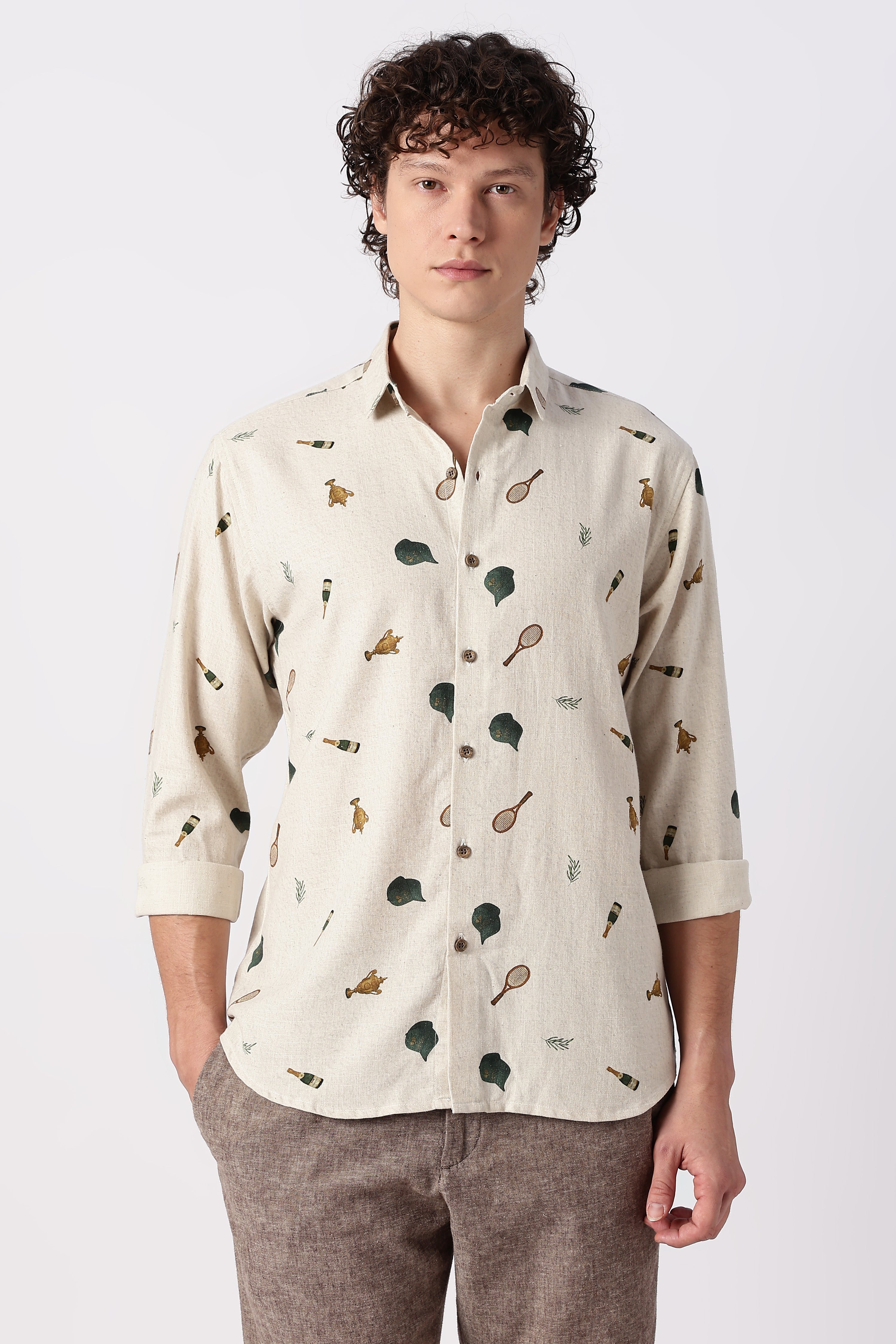 Clubhouse Story Cotton Regular Fit Beige Printed Shirt