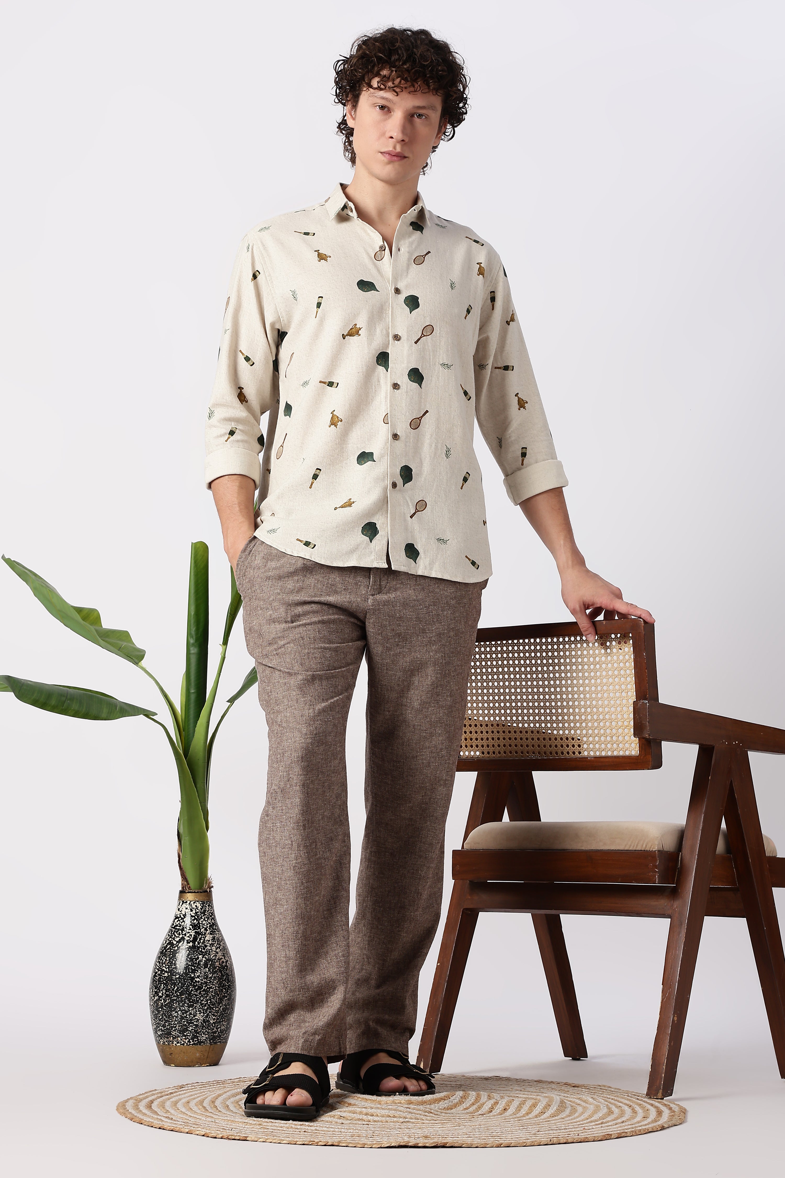 Clubhouse Story Cotton Regular Fit Beige Printed Shirt