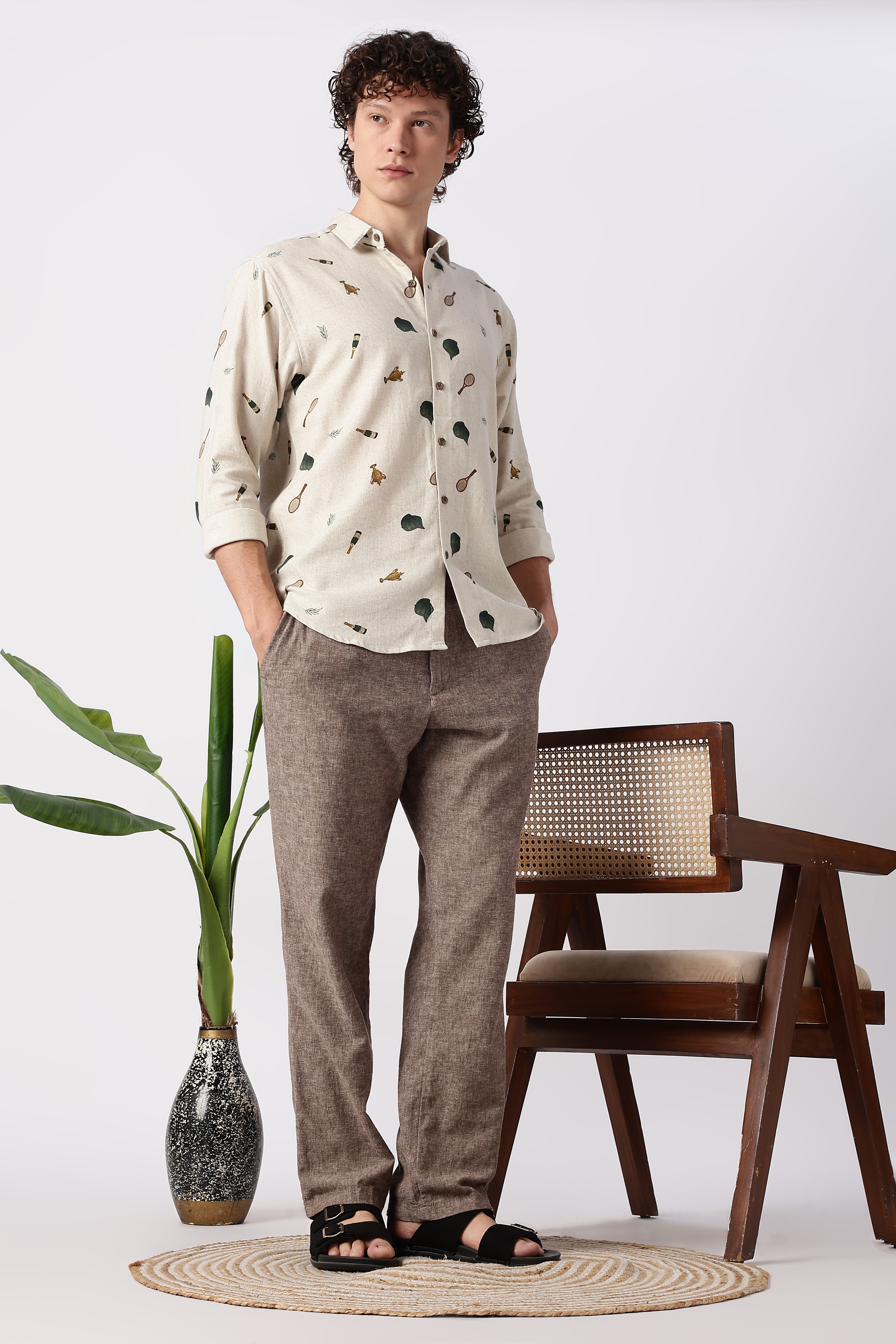 Clubhouse Story Cotton Regular Fit Beige Printed Shirt