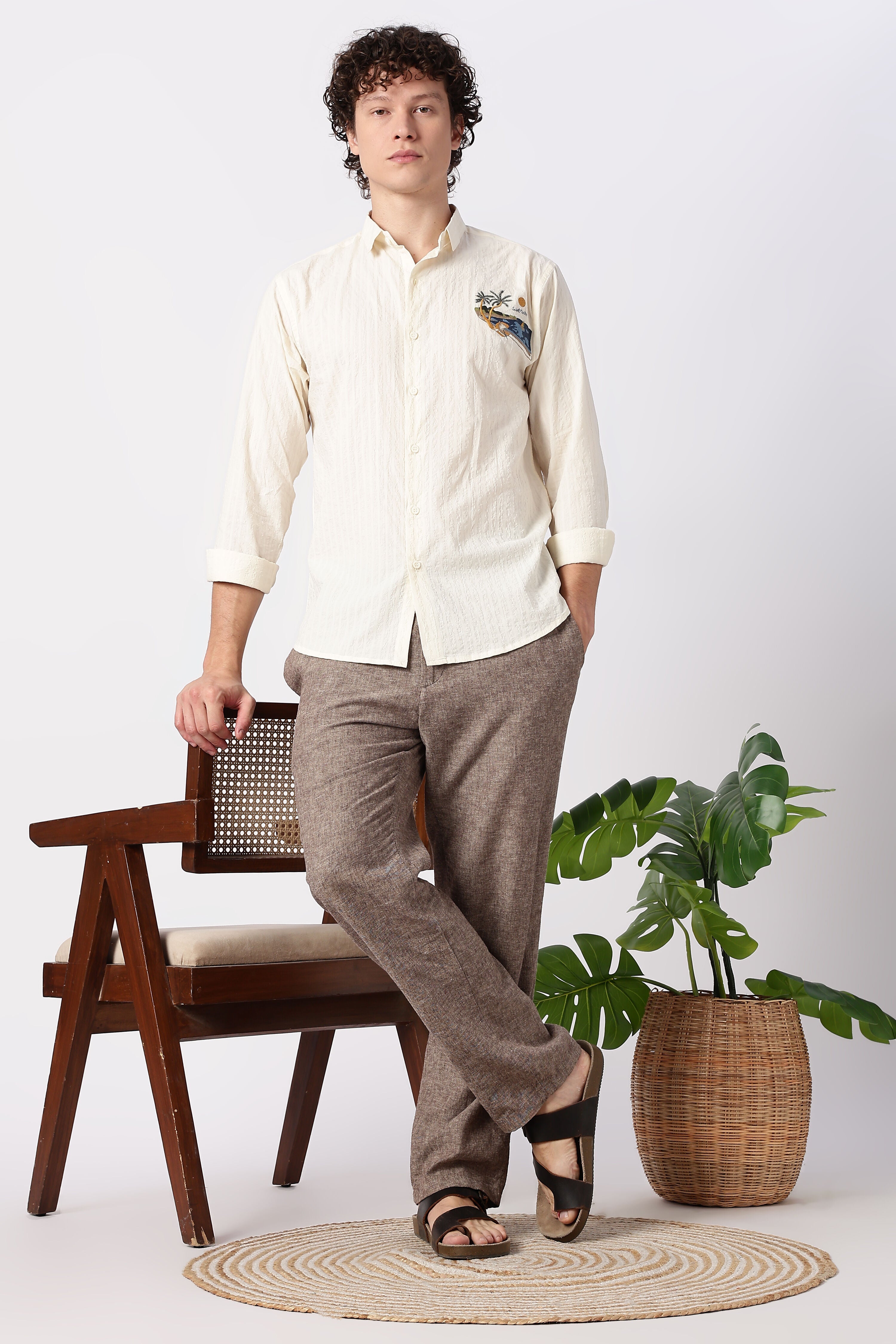 Seaside Postcard Cotton Regular Fit Cream Striped Shirt