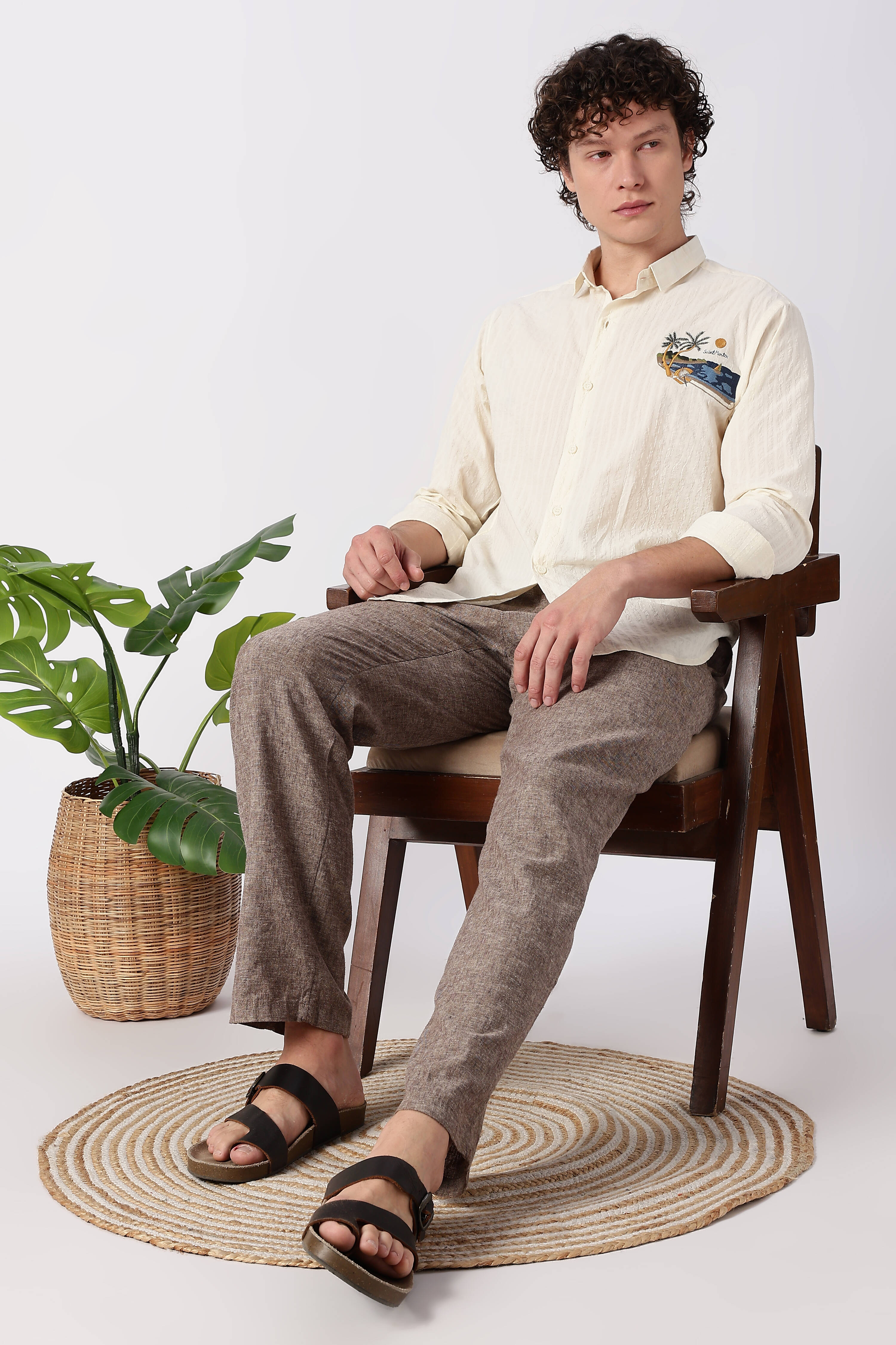 Seaside Postcard Cotton Regular Fit Cream Striped Shirt