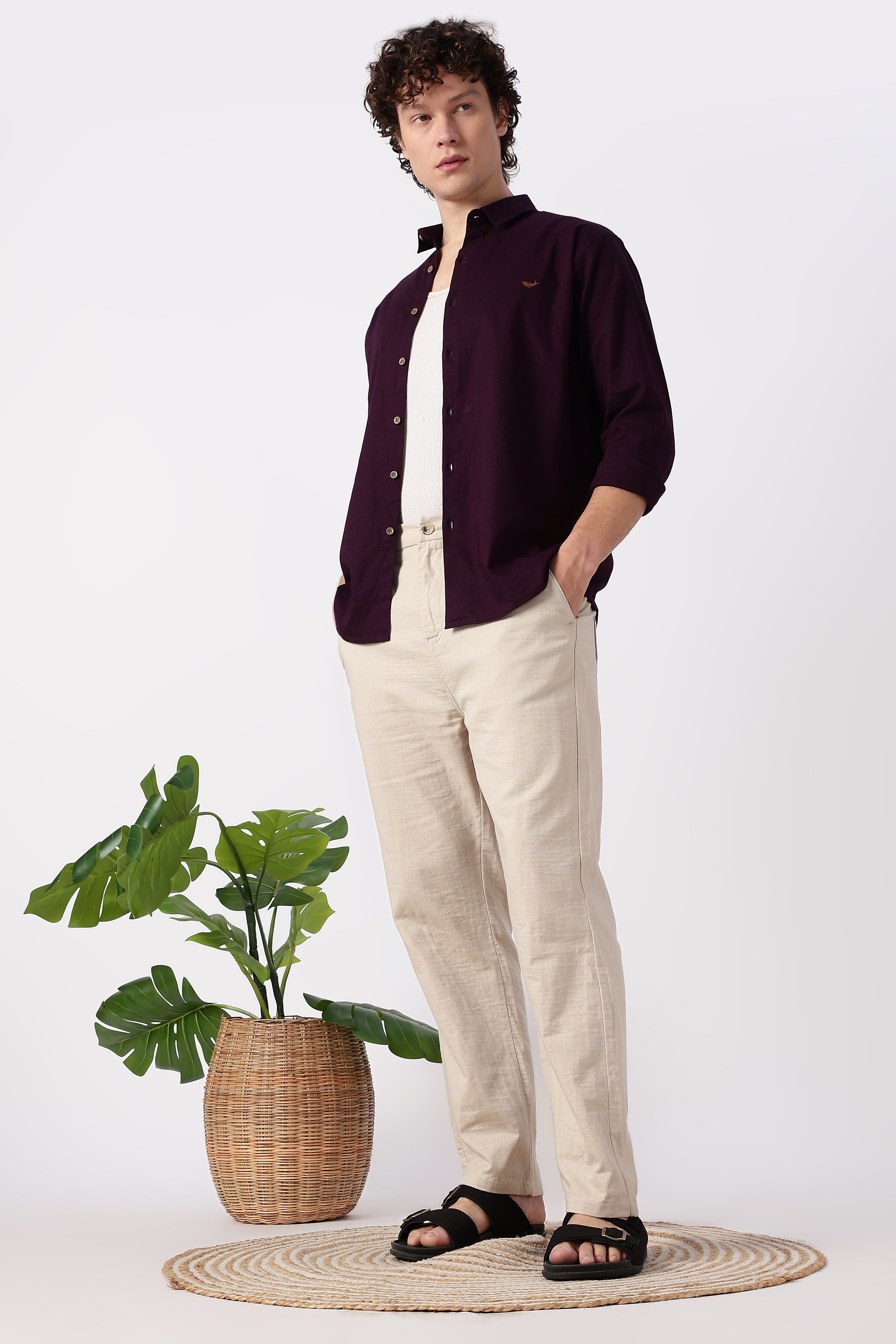 Linen-style 100% Cotton Straight Fit Beige Pant