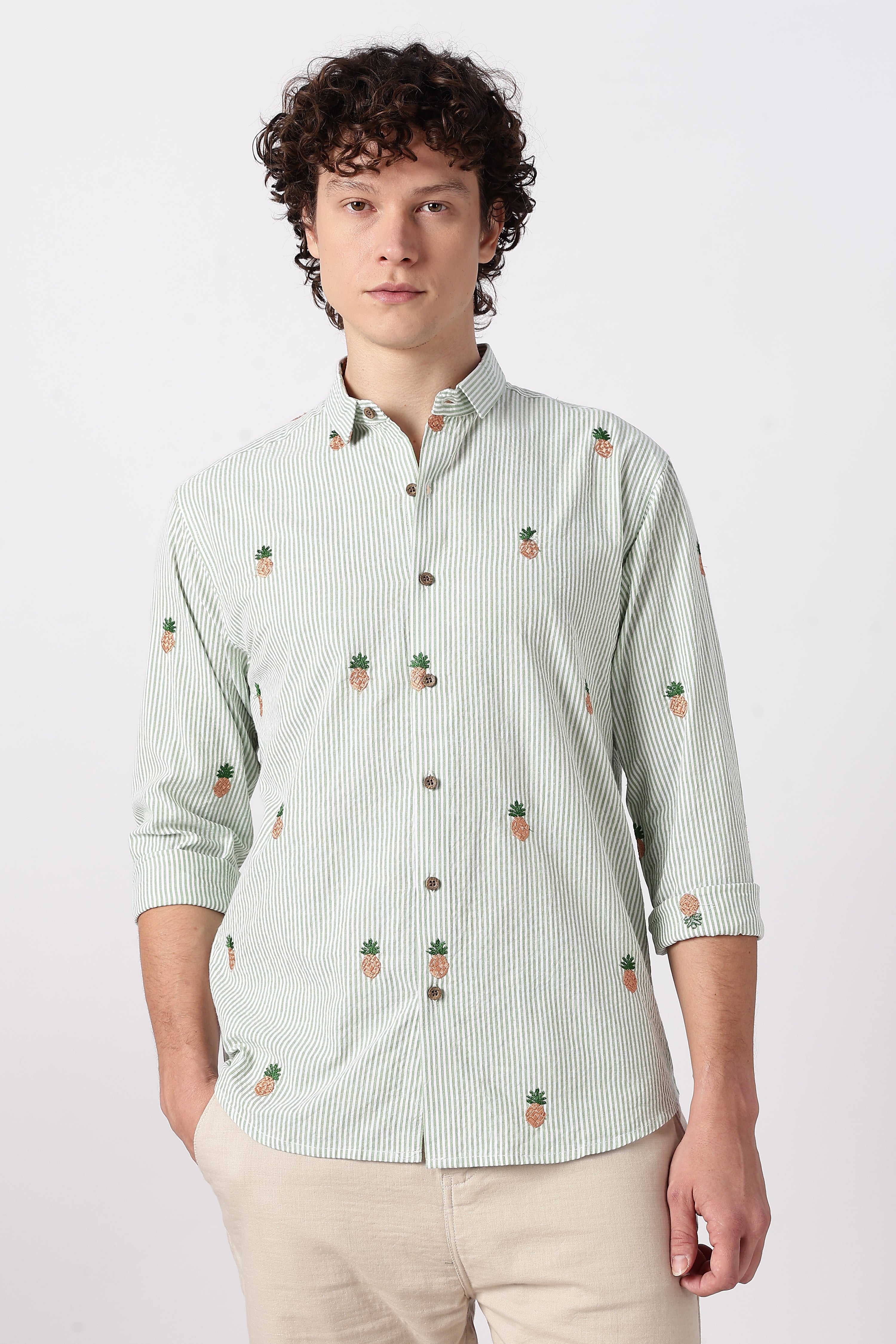 Mint Tropical Pineapple Embroidered Striped Shirt