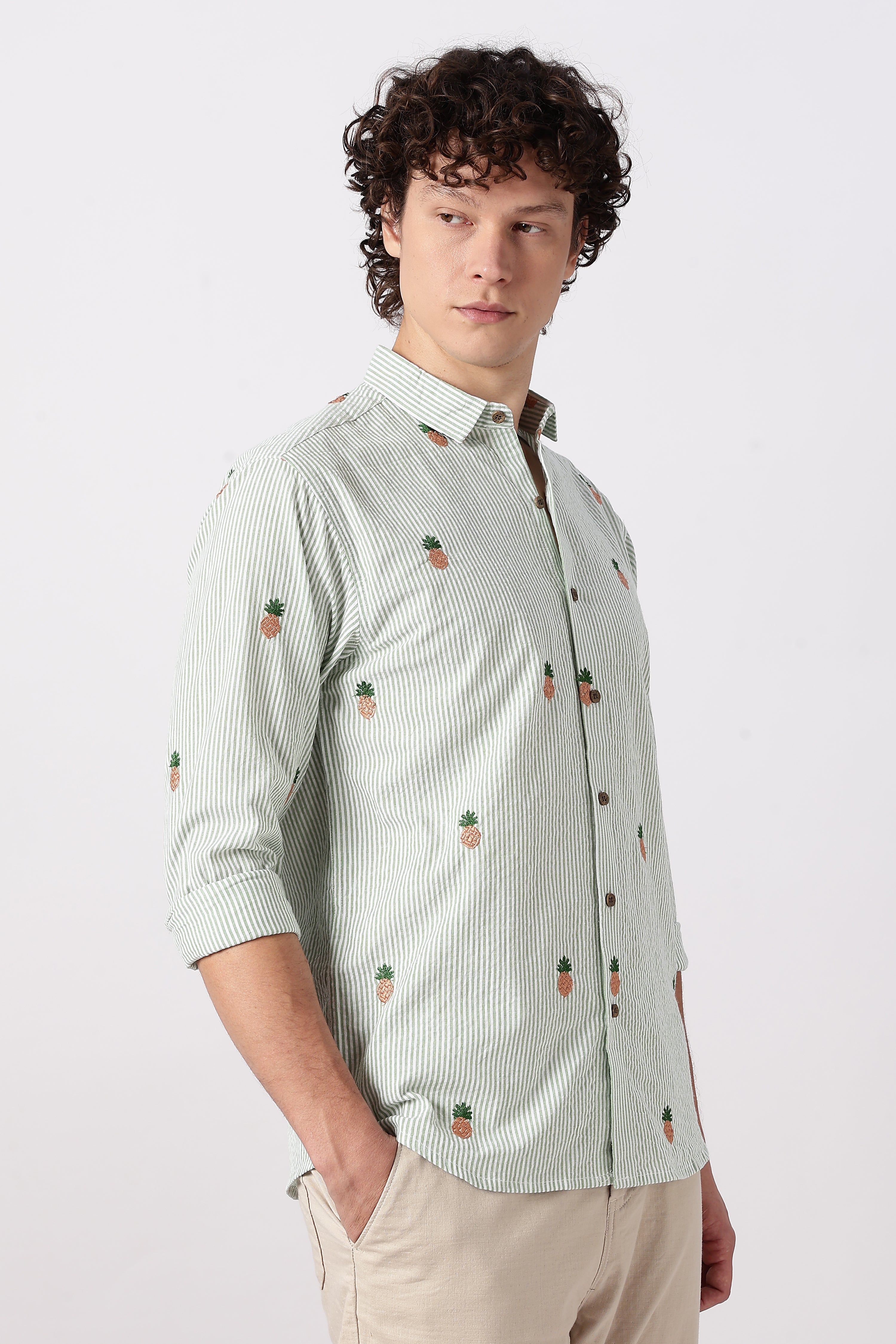 Mint Tropical Pineapple Embroidered Striped Shirt