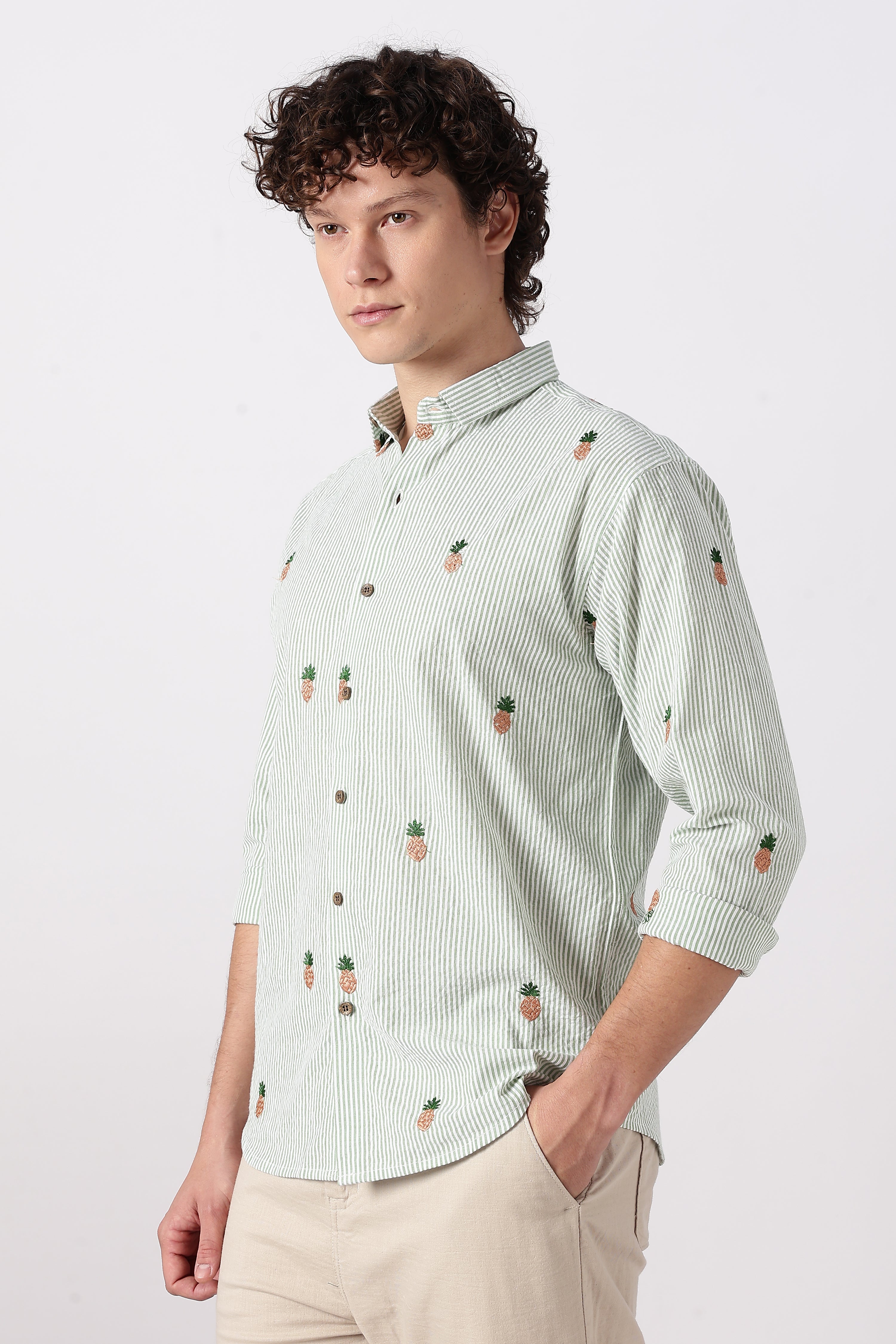 Mint Tropical Pineapple Embroidered Striped Shirt