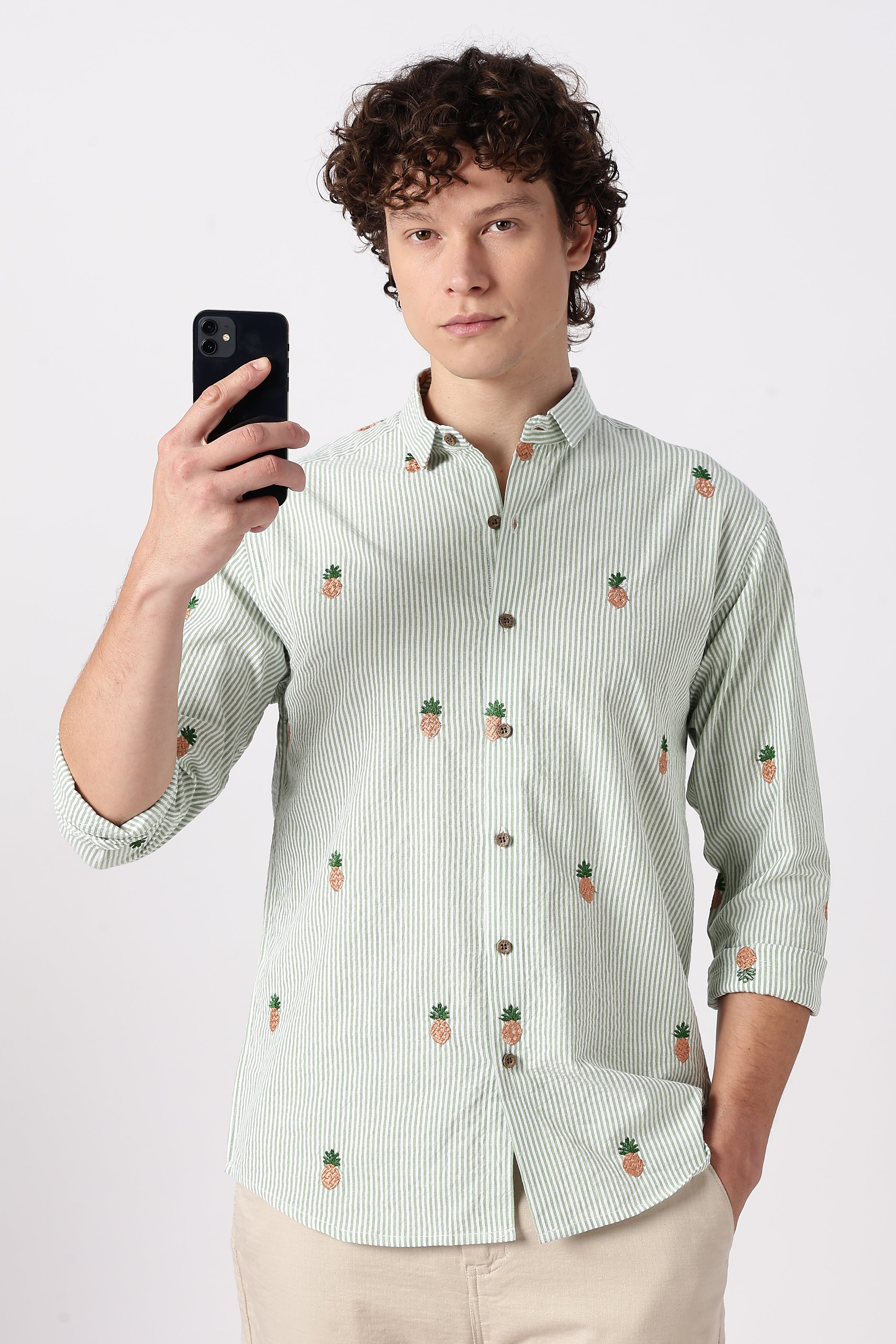 Mint Tropical Pineapple Embroidered Striped Shirt
