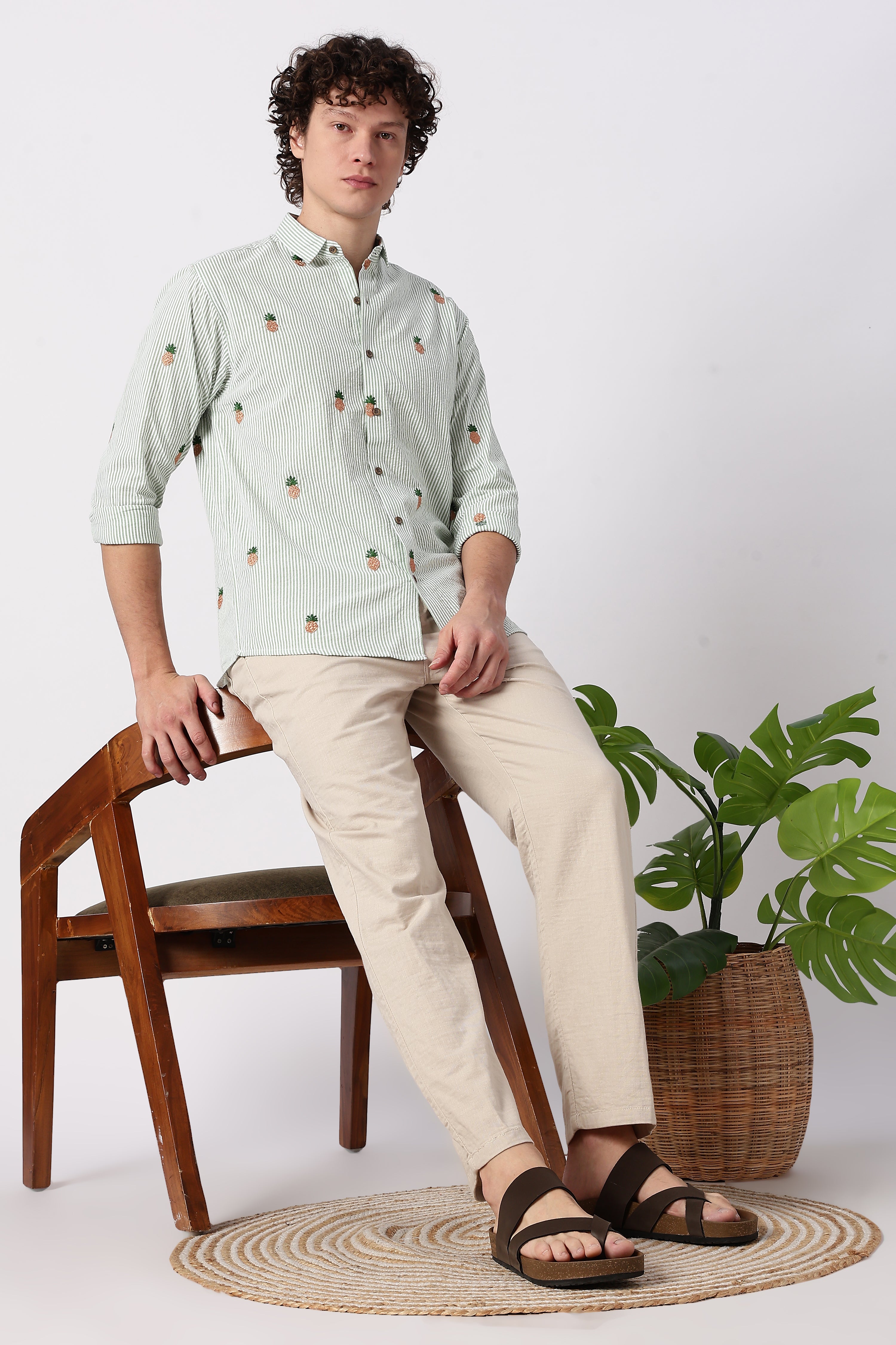 Mint Tropical Pineapple Embroidered Striped Shirt