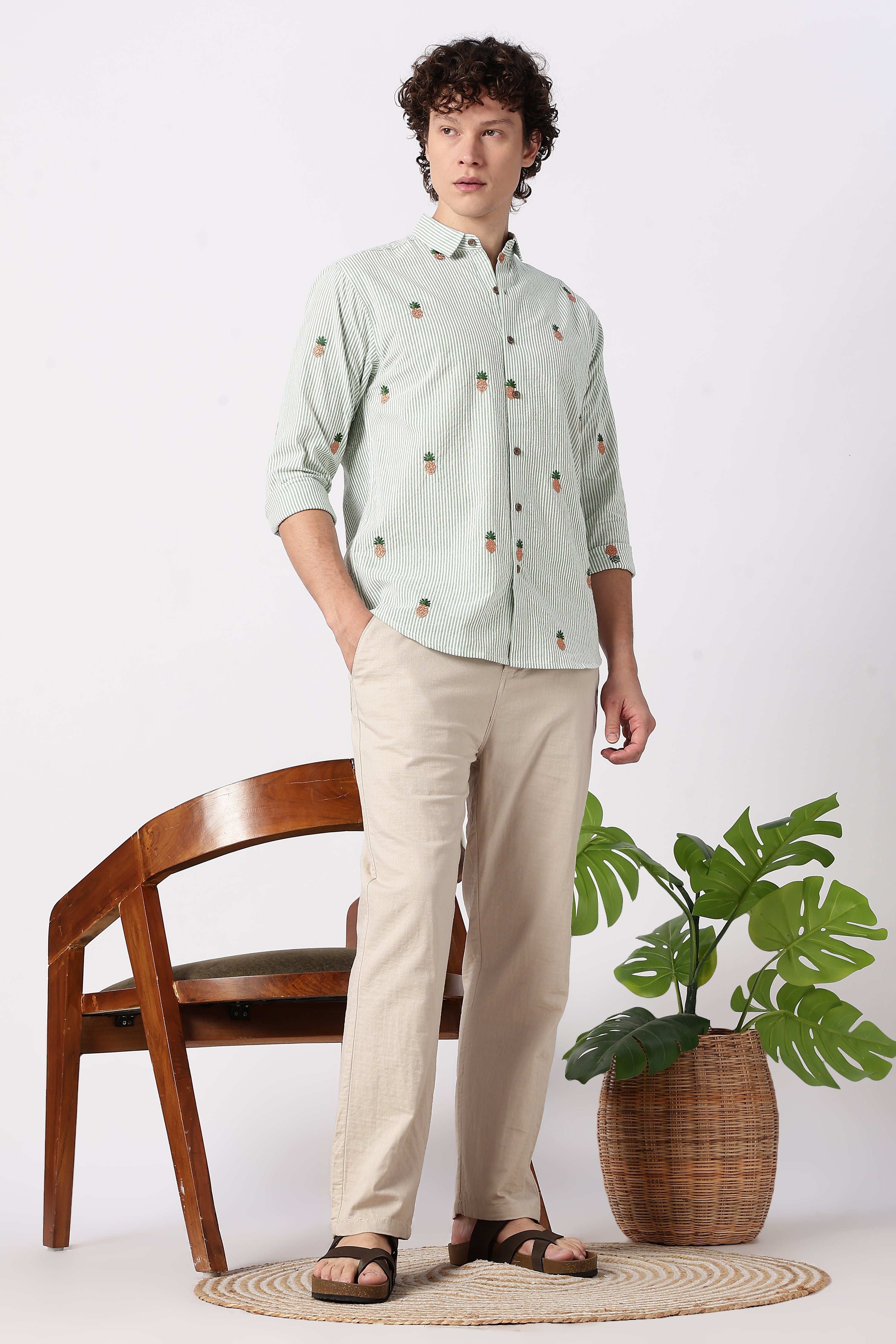 Mint Tropical Pineapple Embroidered Striped Shirt