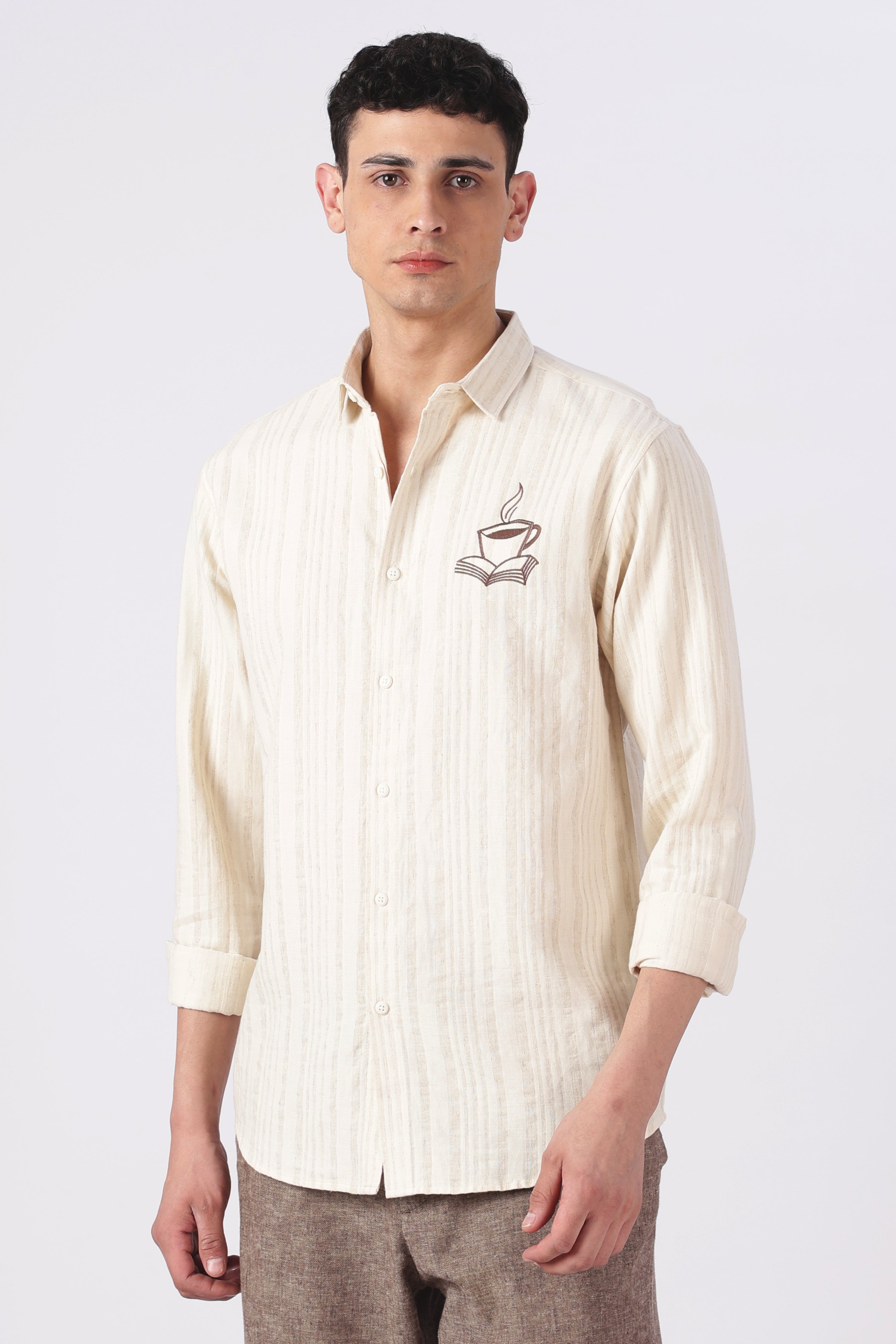 Brew & Books Embroidered Striped Shirt