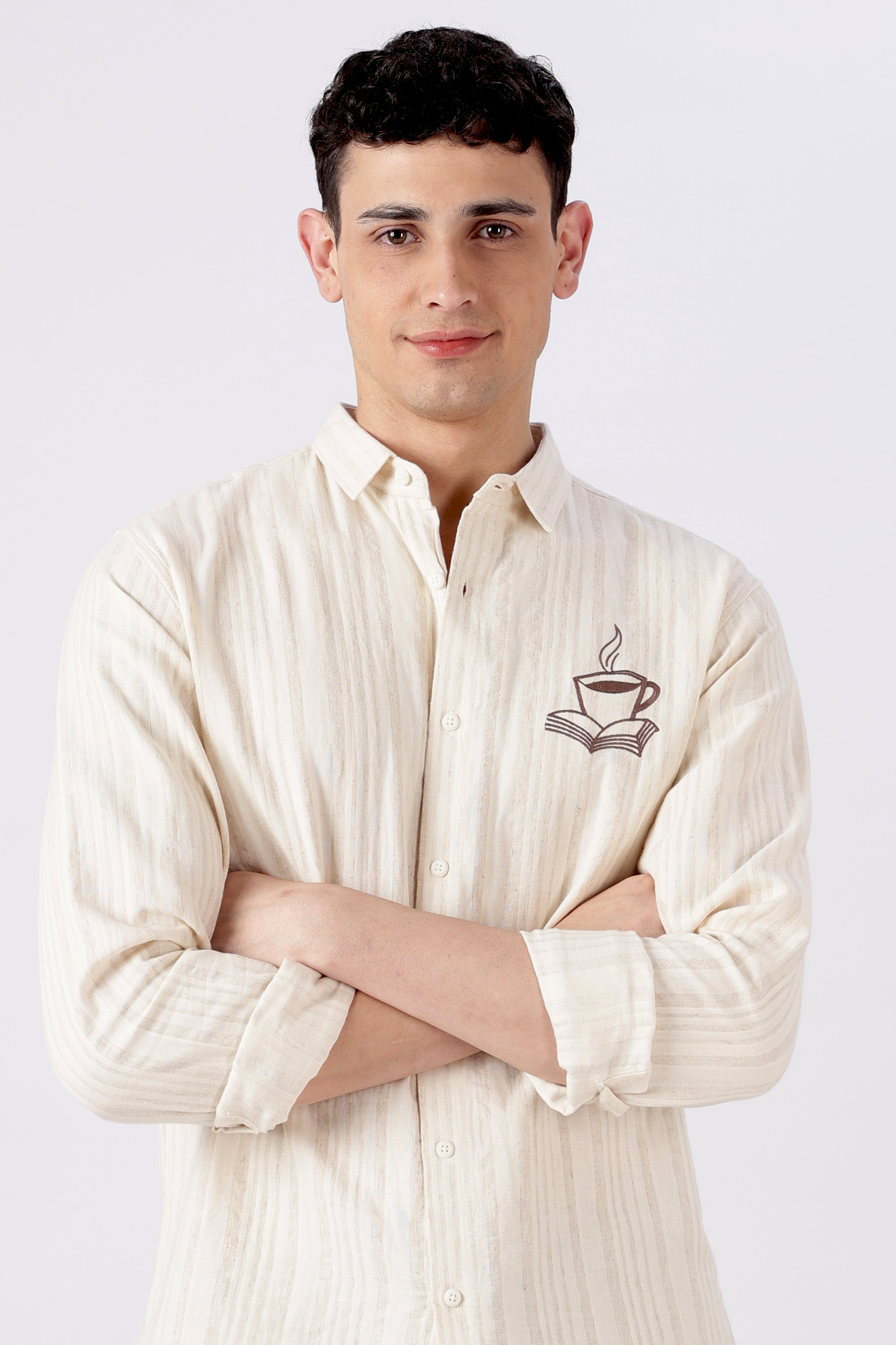 Brew & Books Embroidered Striped Shirt