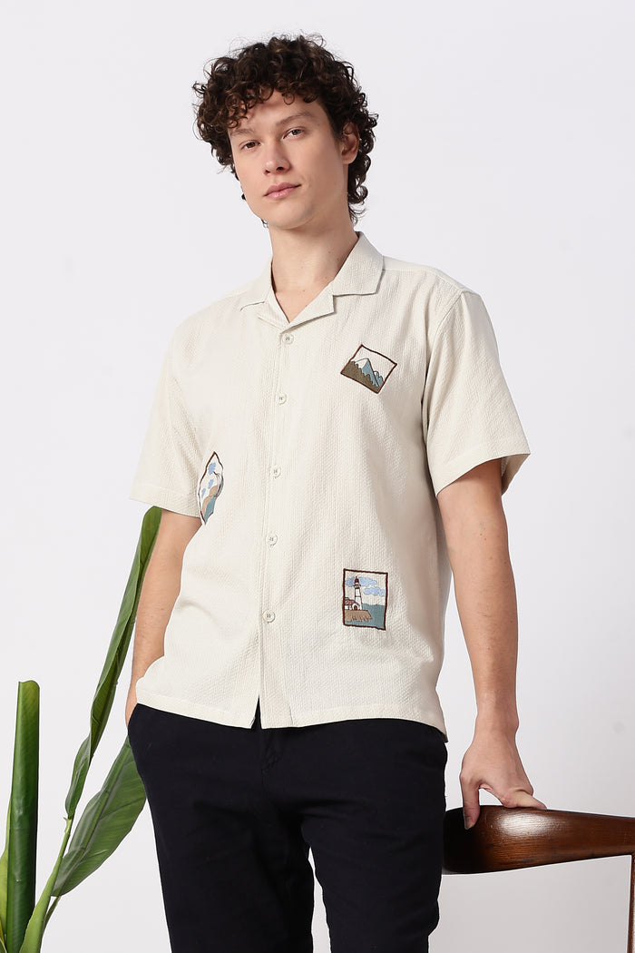 Minimal Scenic Cotton Box Fit Cream Embroidered Shirt