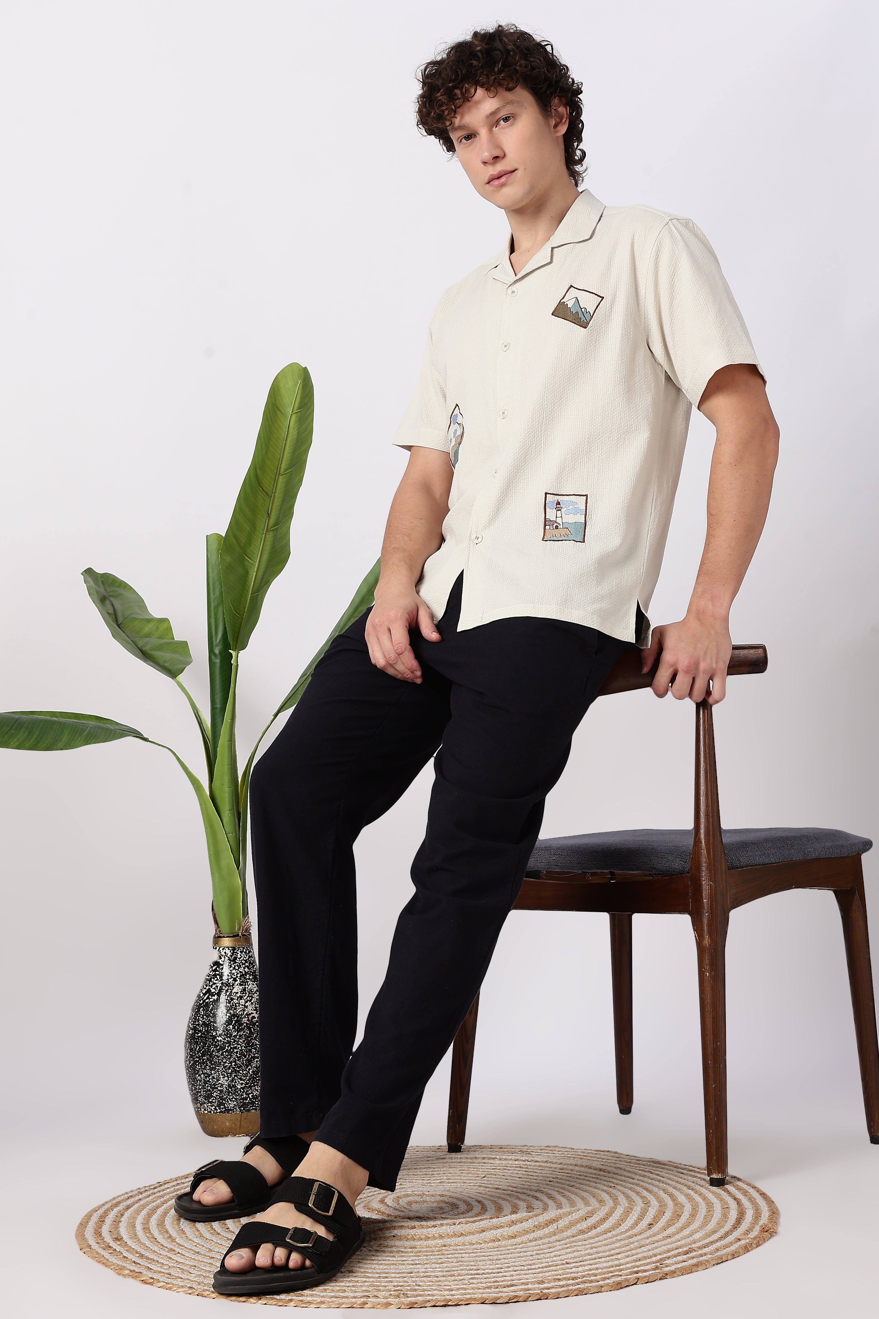 Minimal Scenic Cotton Box Fit Cream Embroidered Shirt