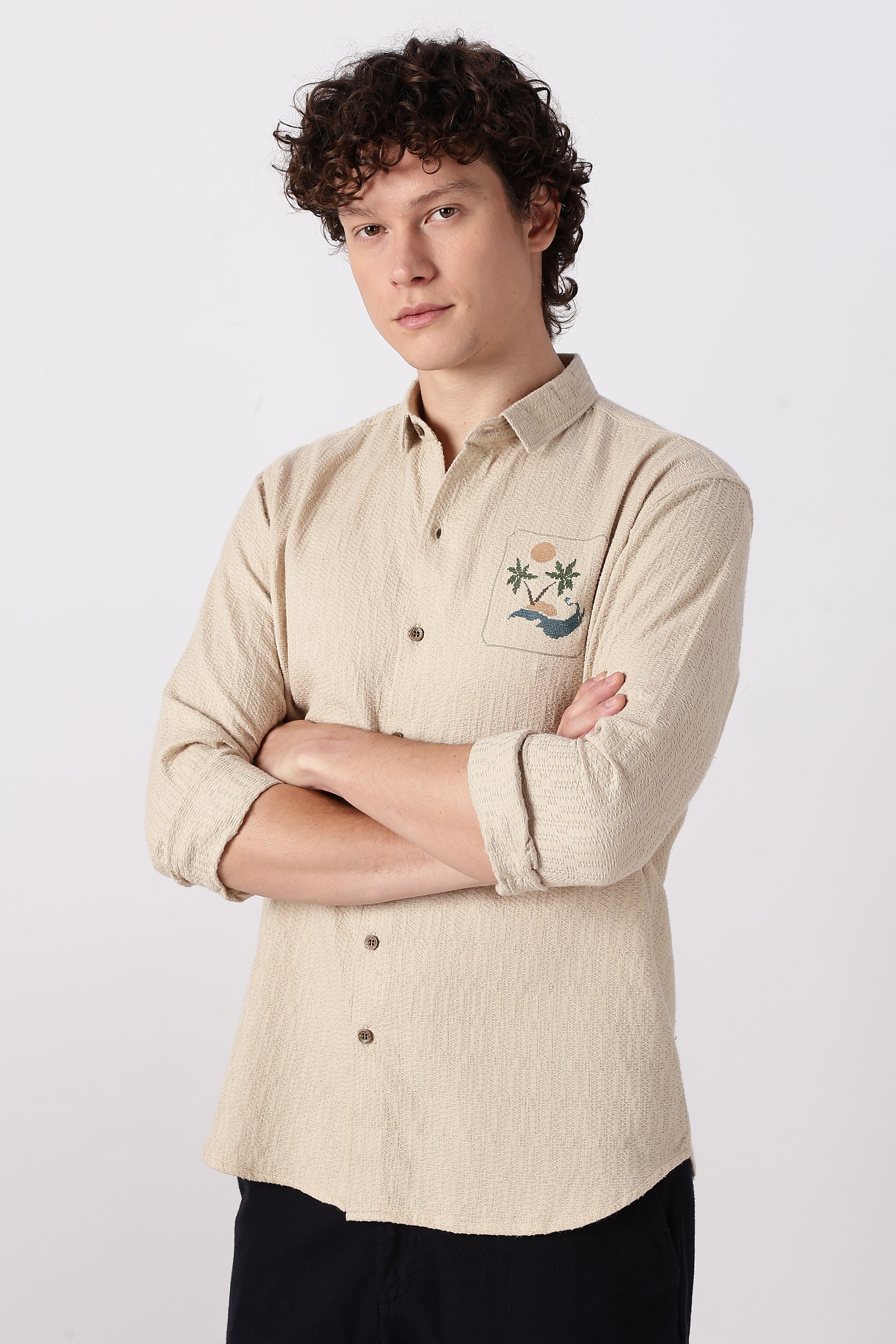 Sunset Cove Cotton Regular Fit Beige Embroidered Shirt