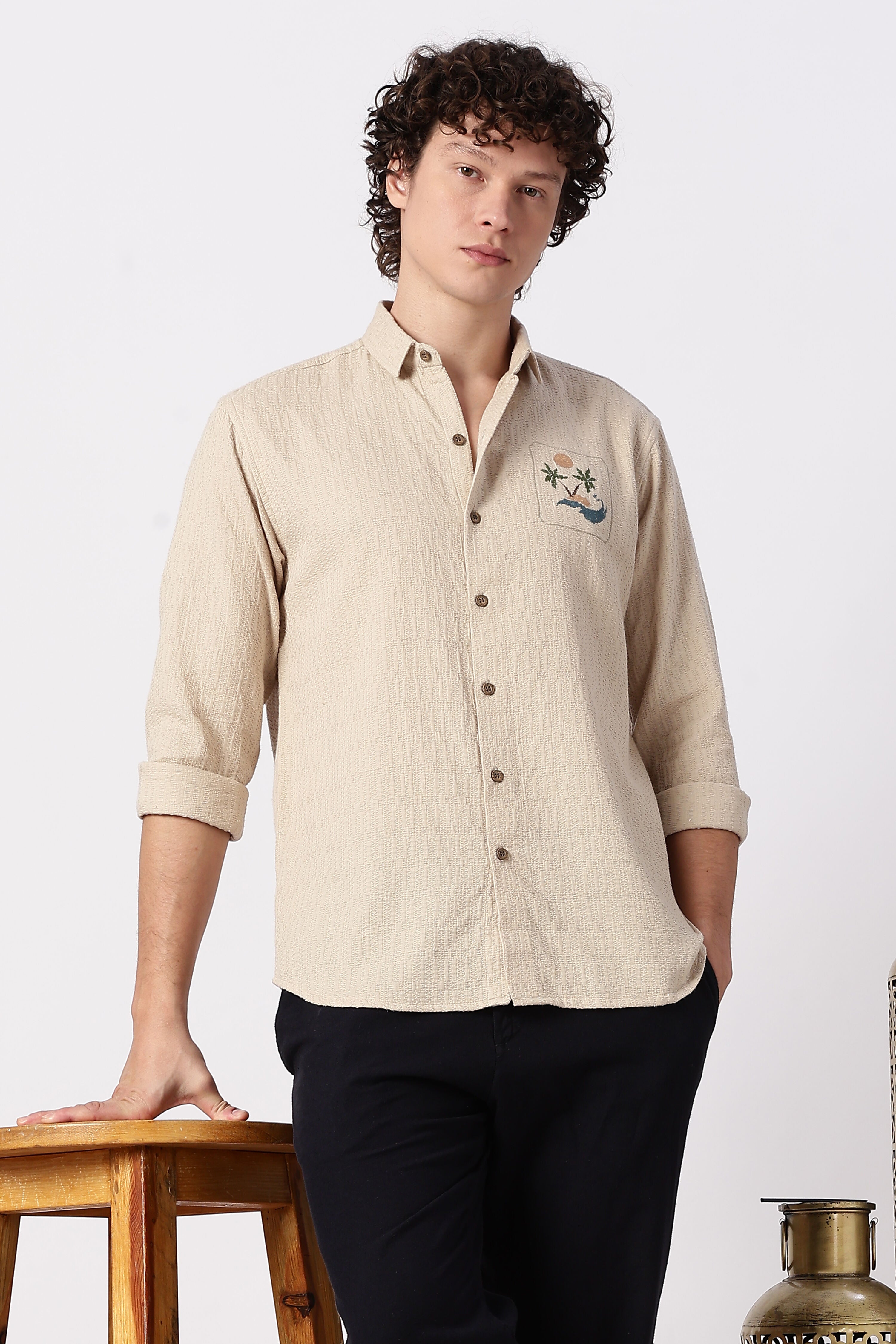 Sunset Cove Cotton Regular Fit Beige Embroidered Shirt