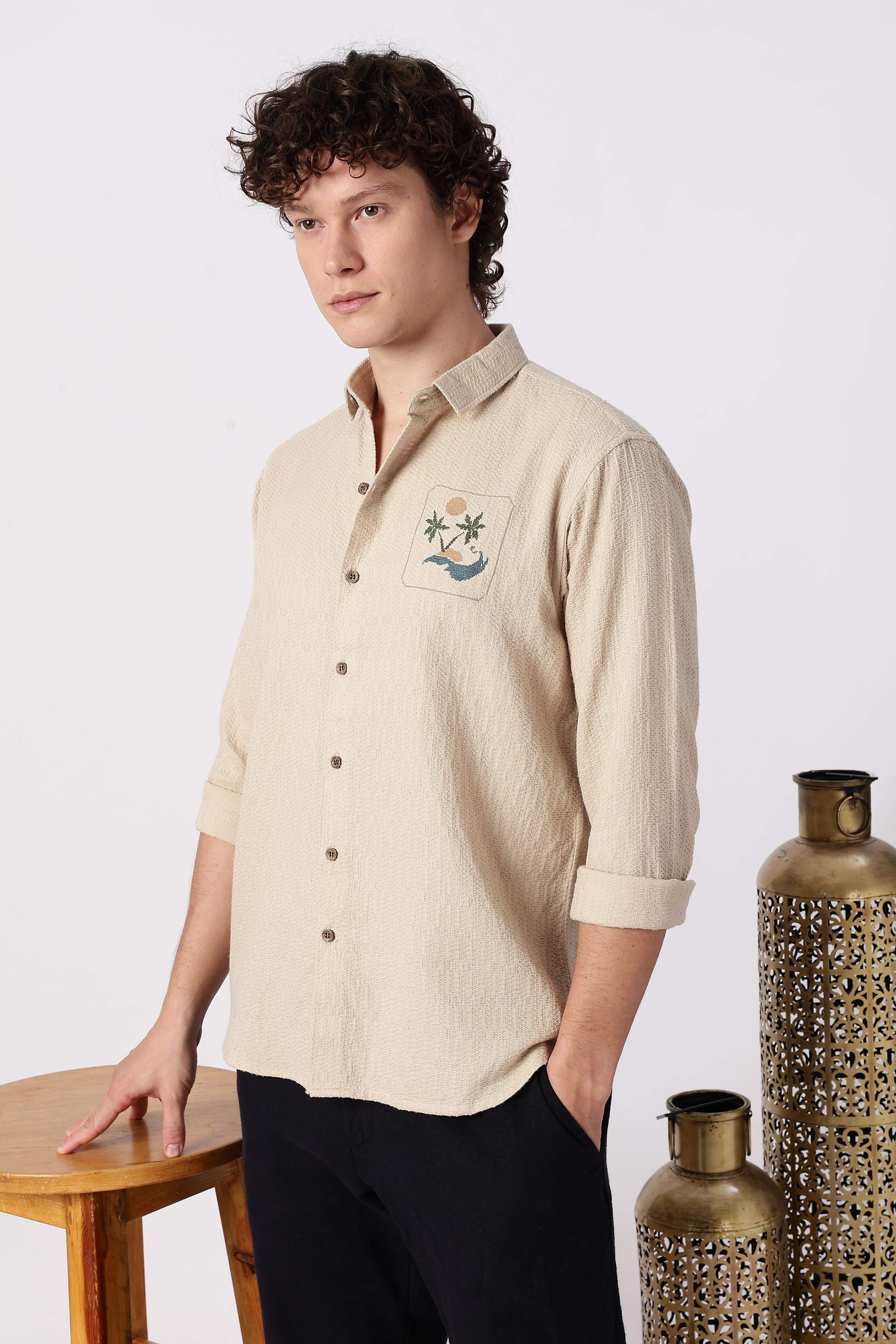Sunset Cove Cotton Regular Fit Beige Embroidered Shirt