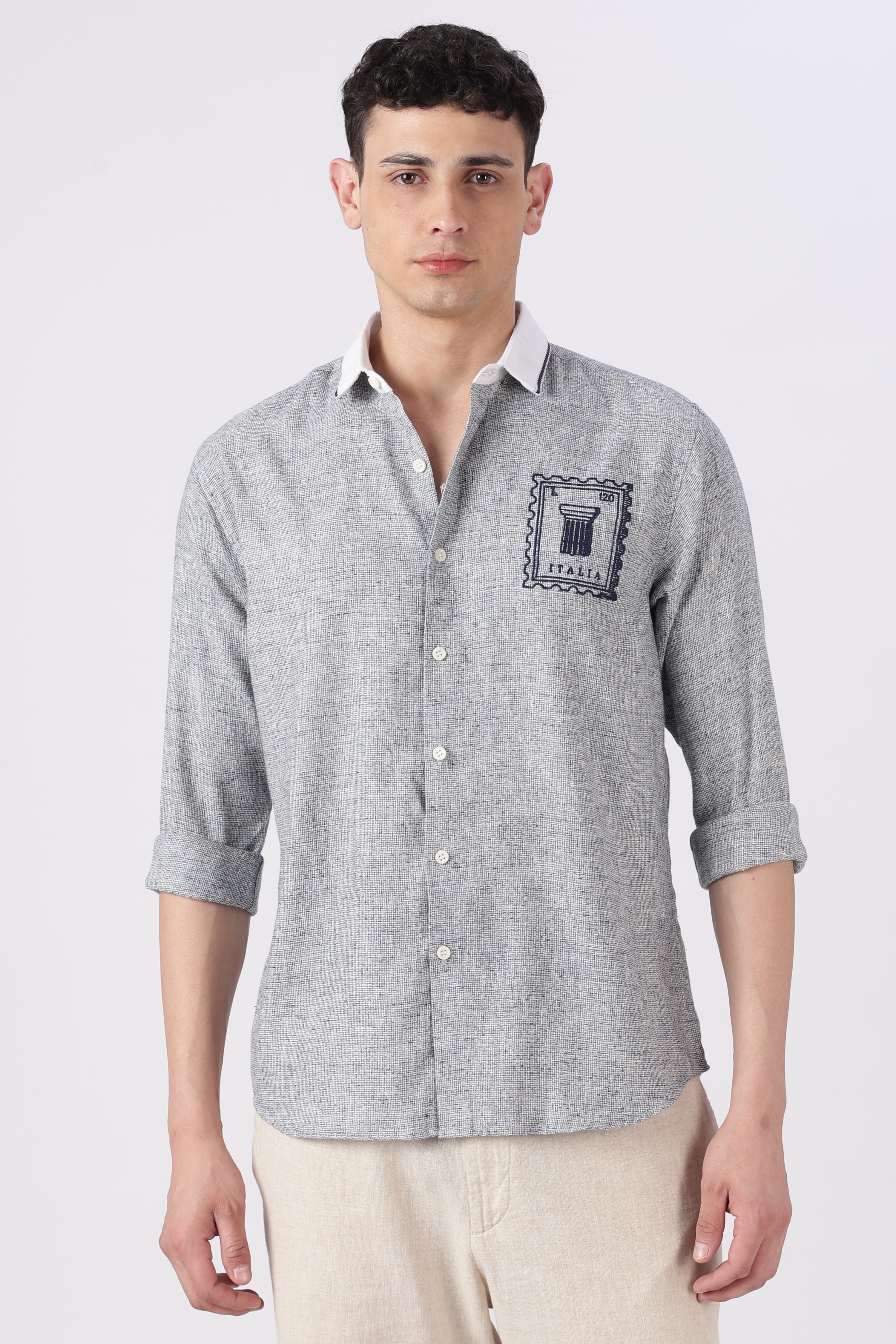 Italia Postmark Grey Embroidered Shirt