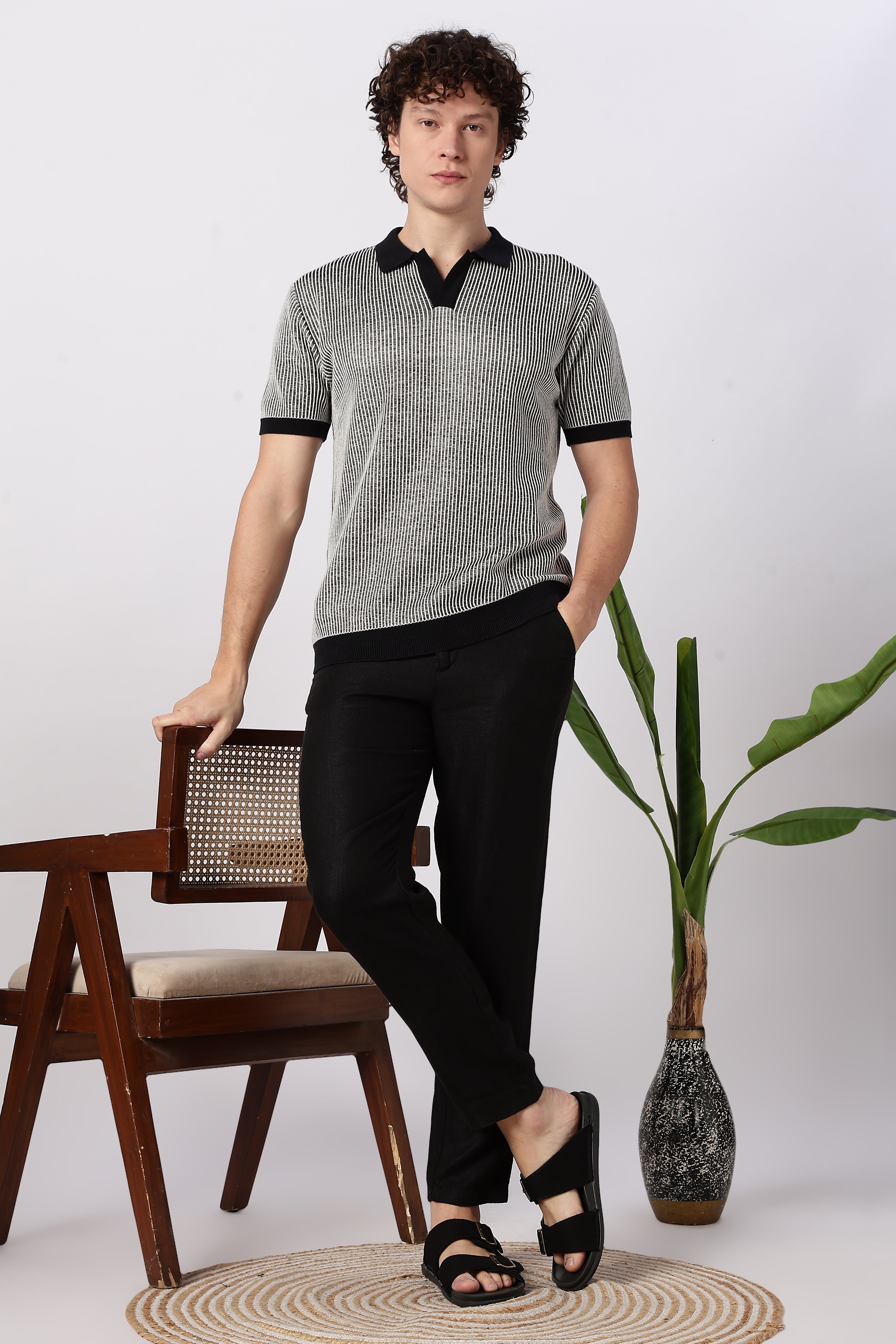 Modern Monochrome Rib Knit Polo T-shirt
