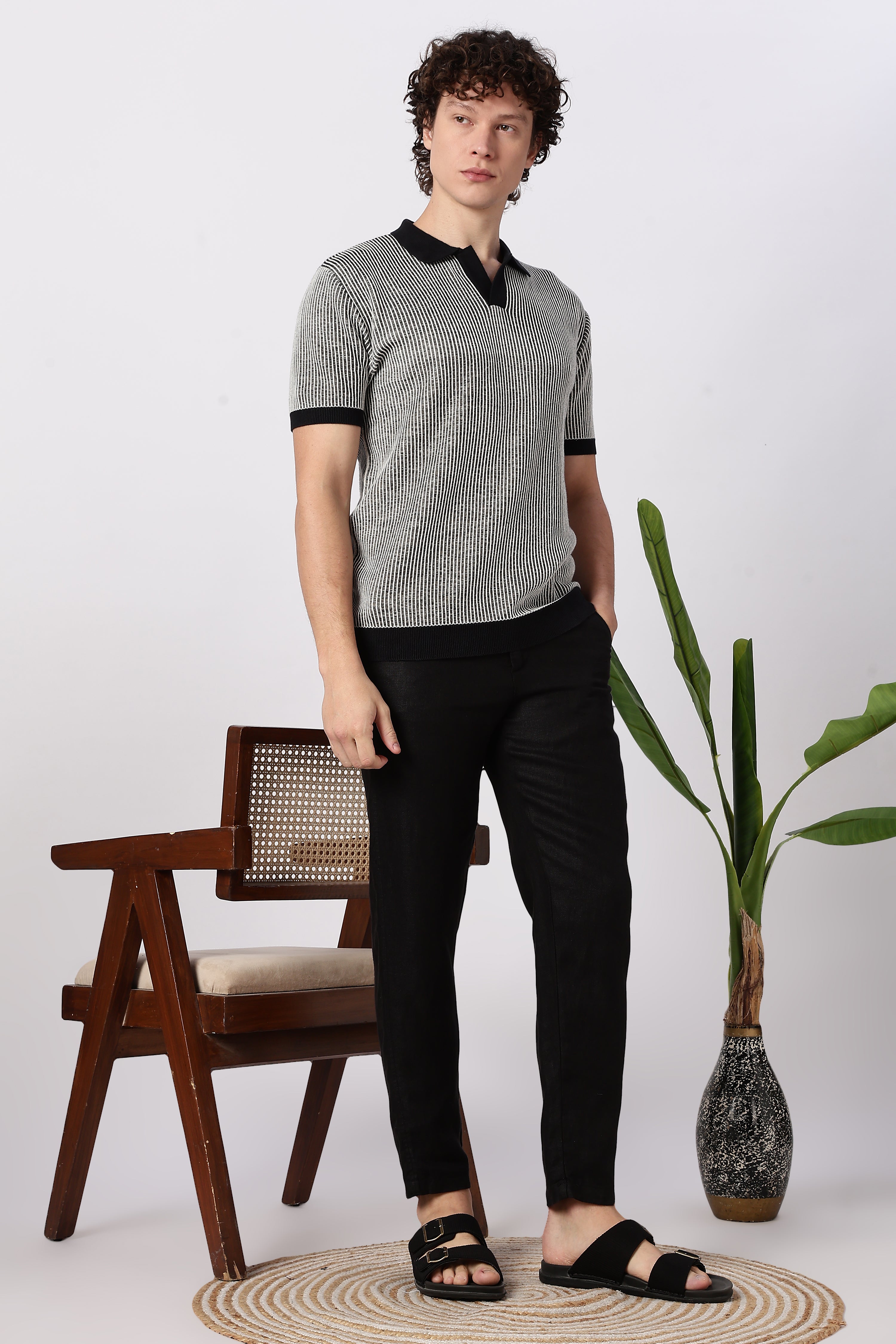 Modern Monochrome Rib Knit Polo T-shirt