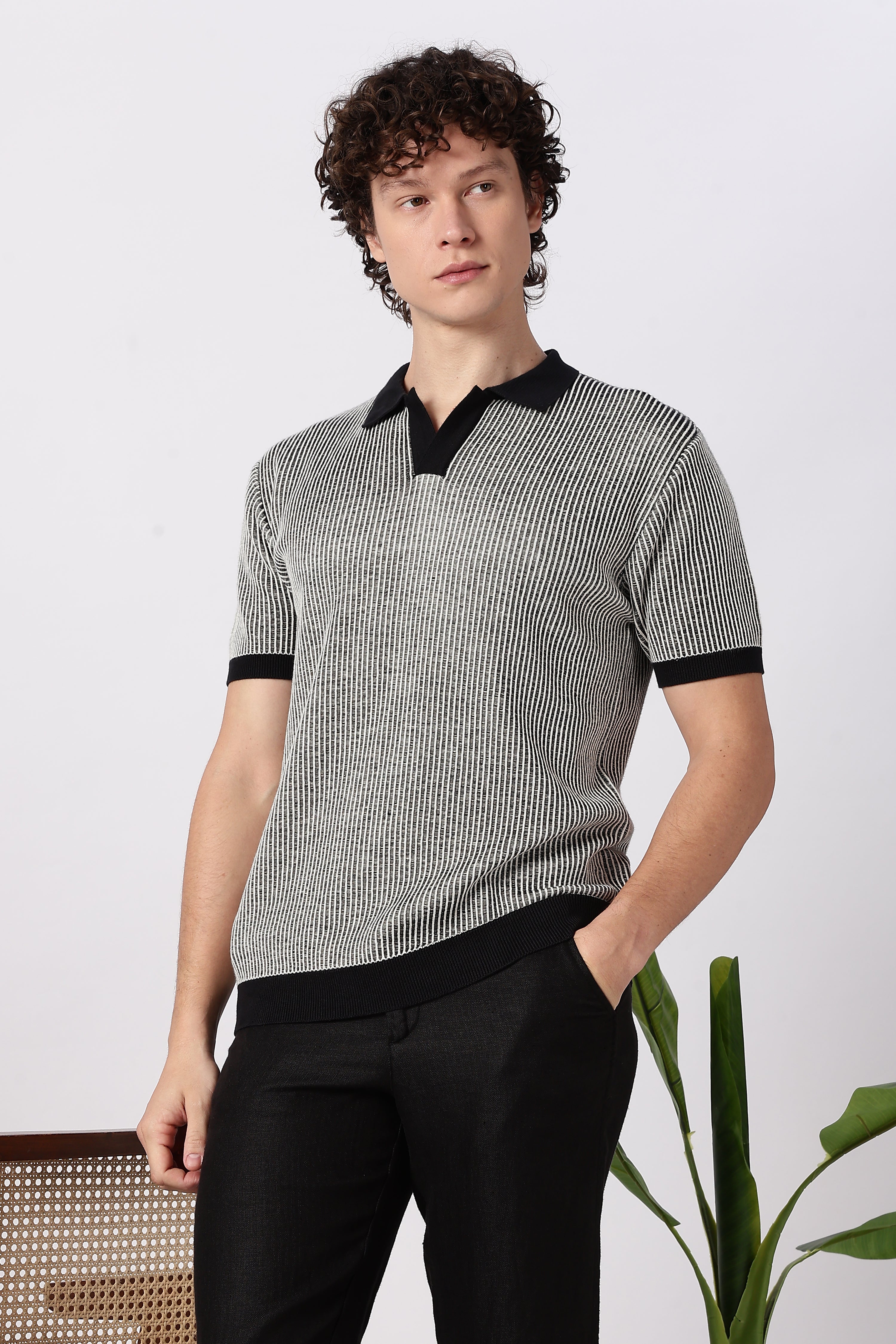 Modern Monochrome Rib Knit Polo T-shirt