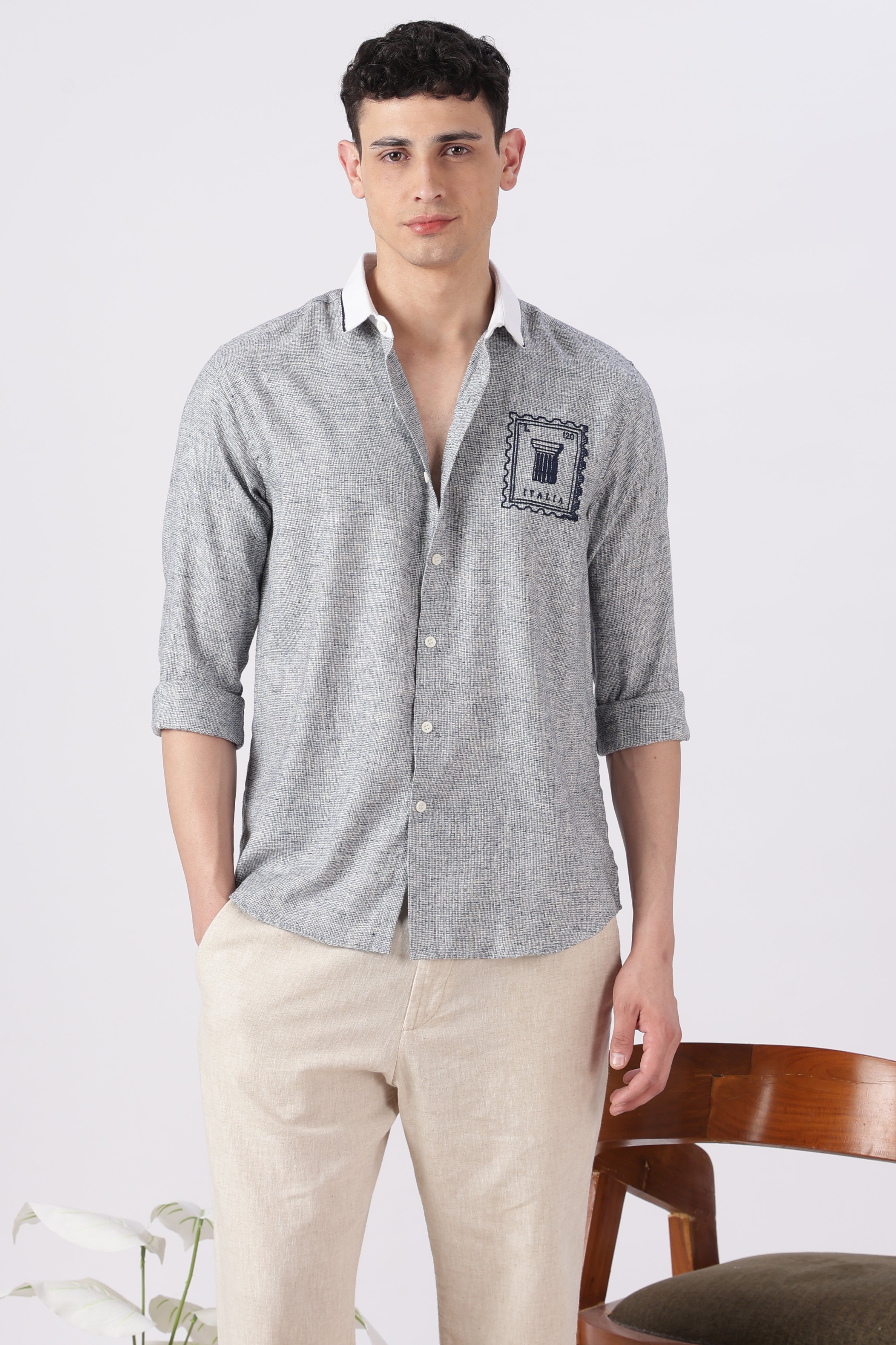 Italia Postmark Grey Embroidered Shirt