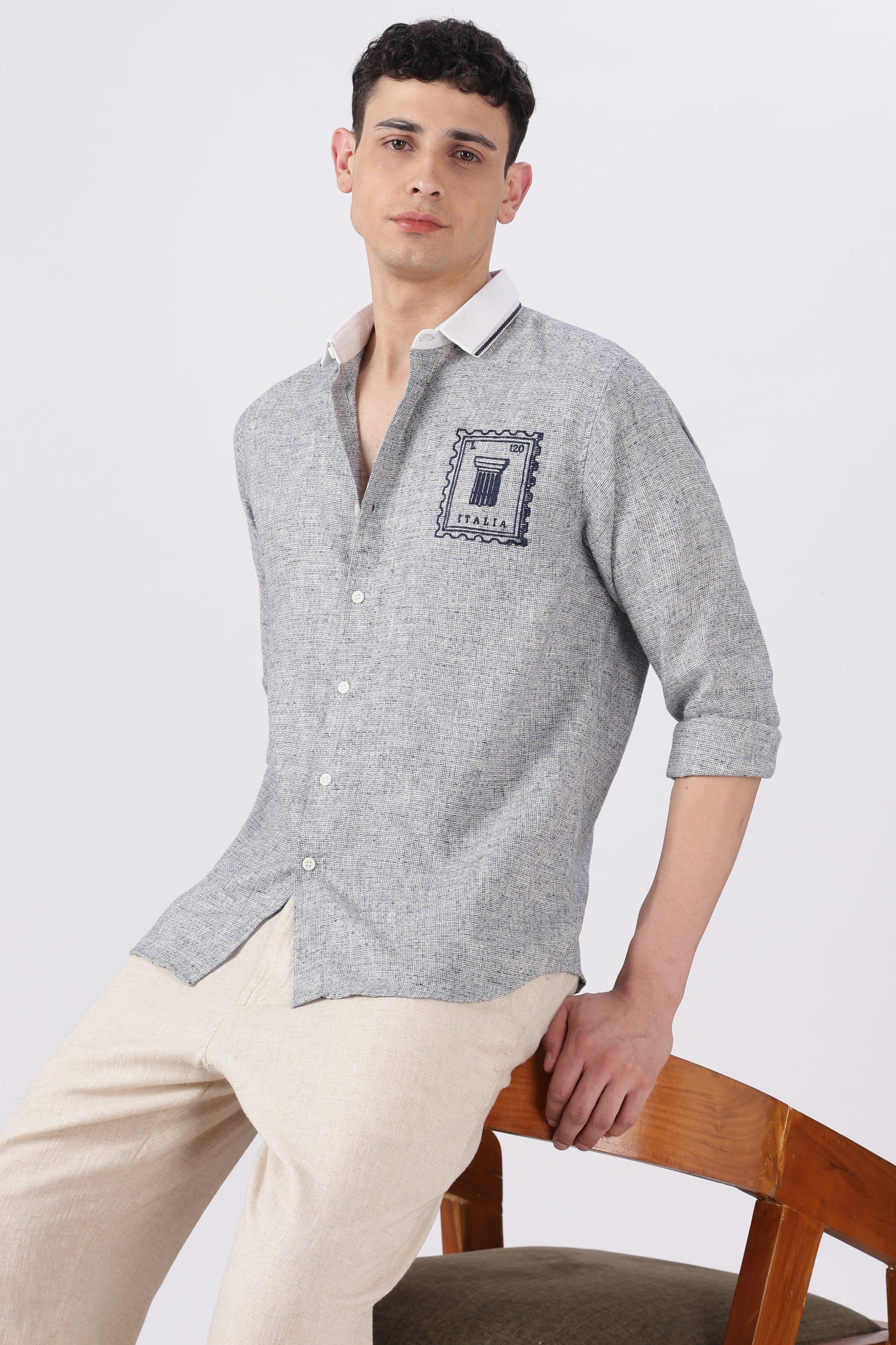 Italia Postmark Grey Embroidered Shirt