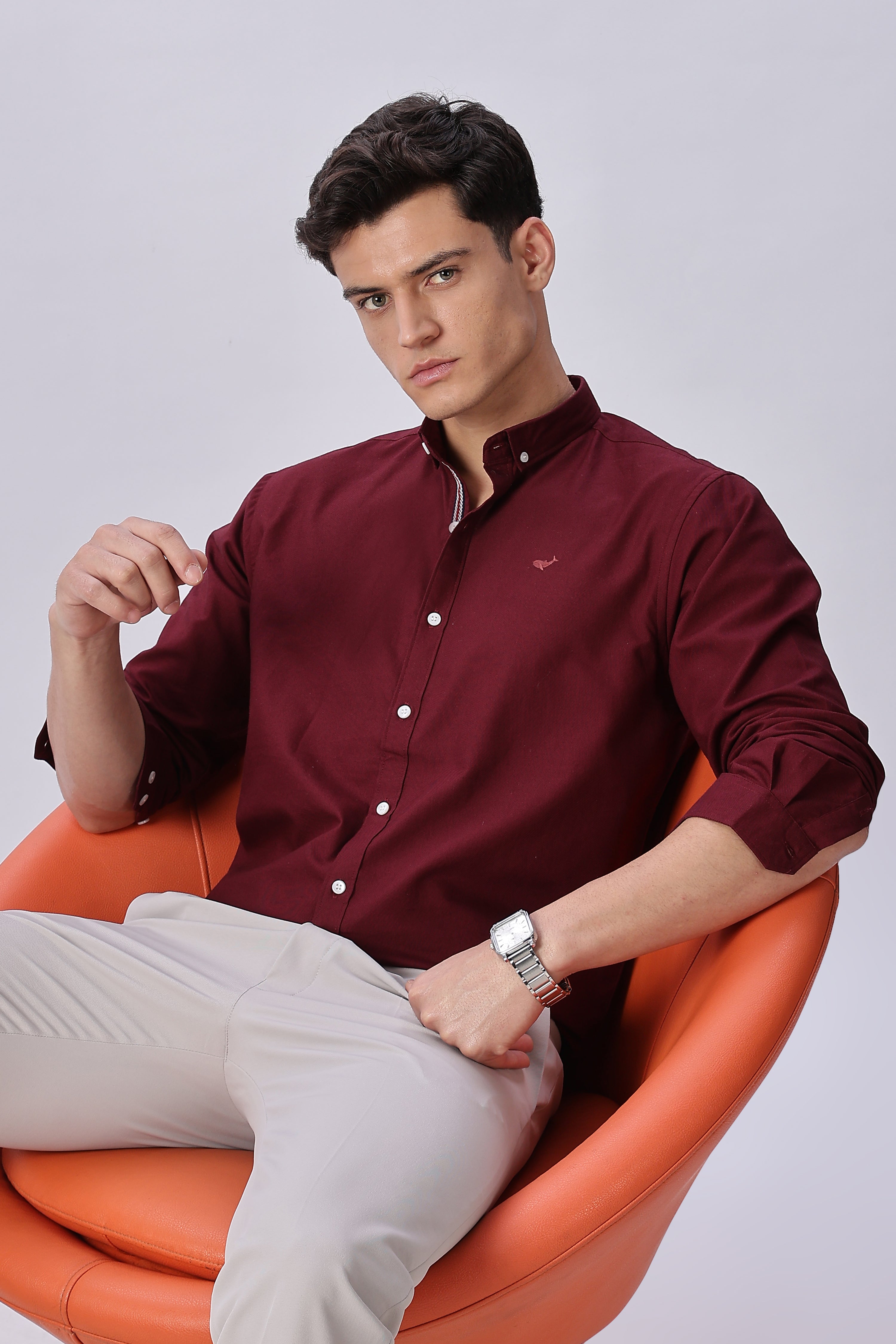 Bordeaux maroon Pre-washed Oxford Shirt