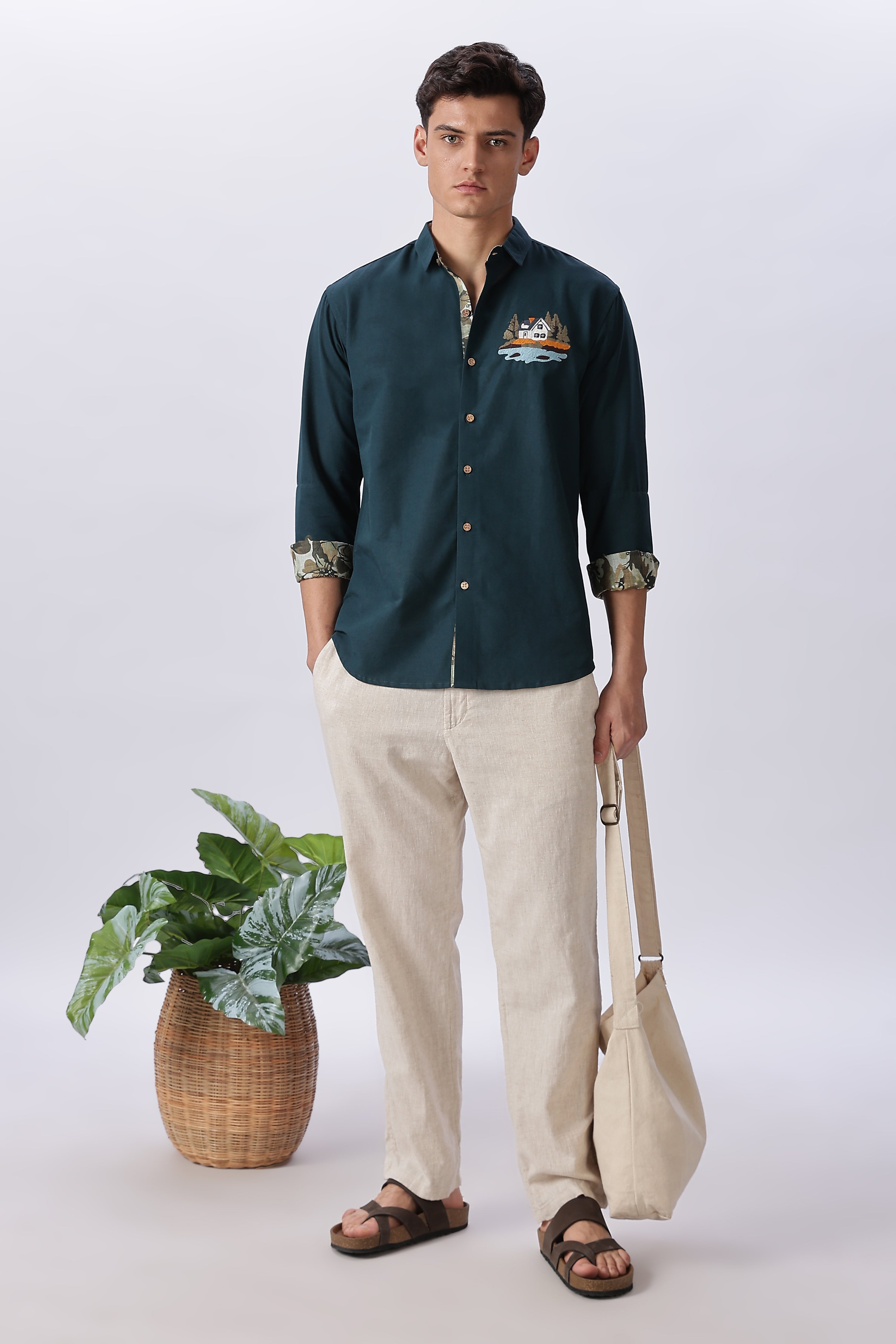 Lakeside Forest Cabin Embroidered Cotton Shirt
