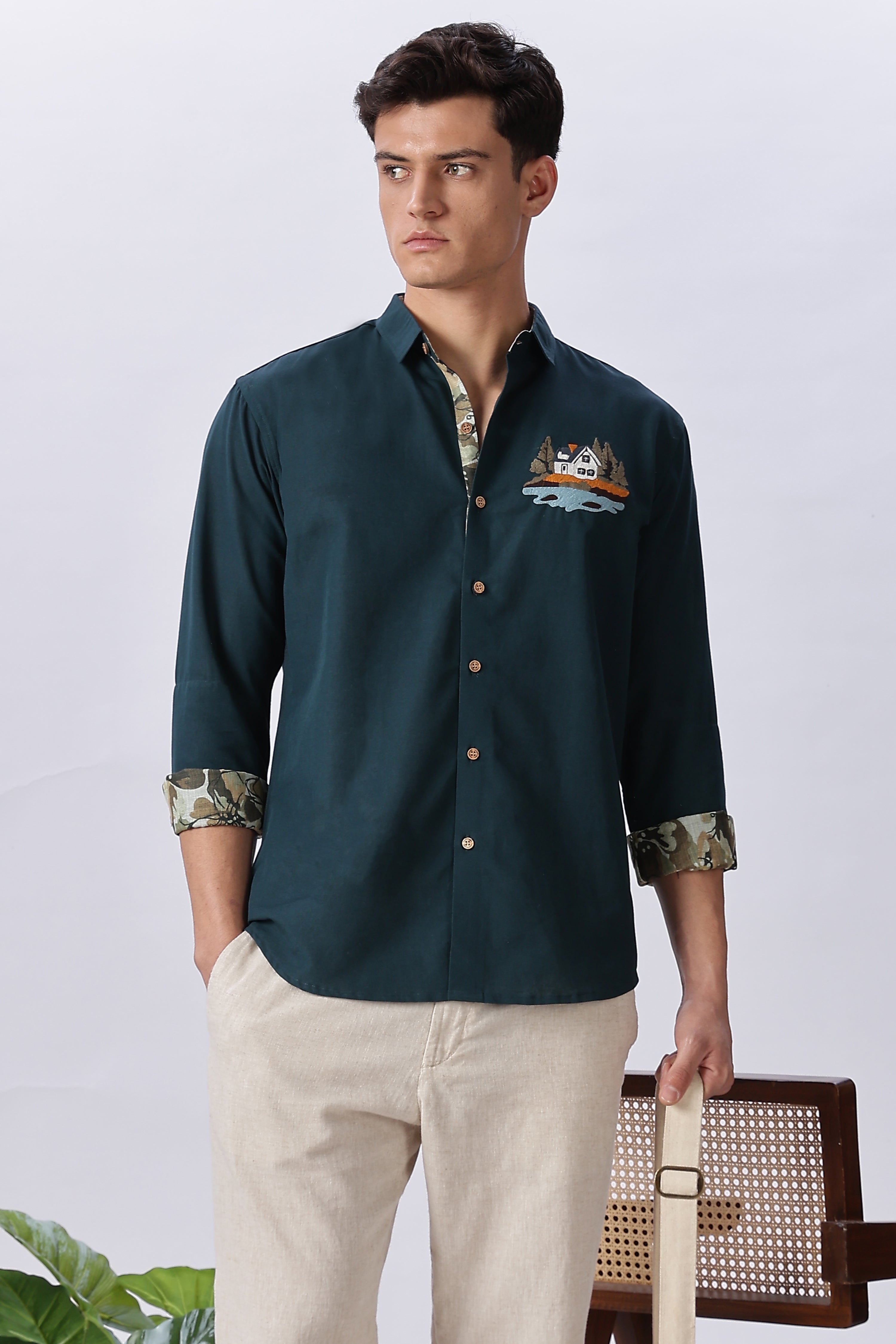 Lakeside Forest Cabin Embroidered Cotton Shirt