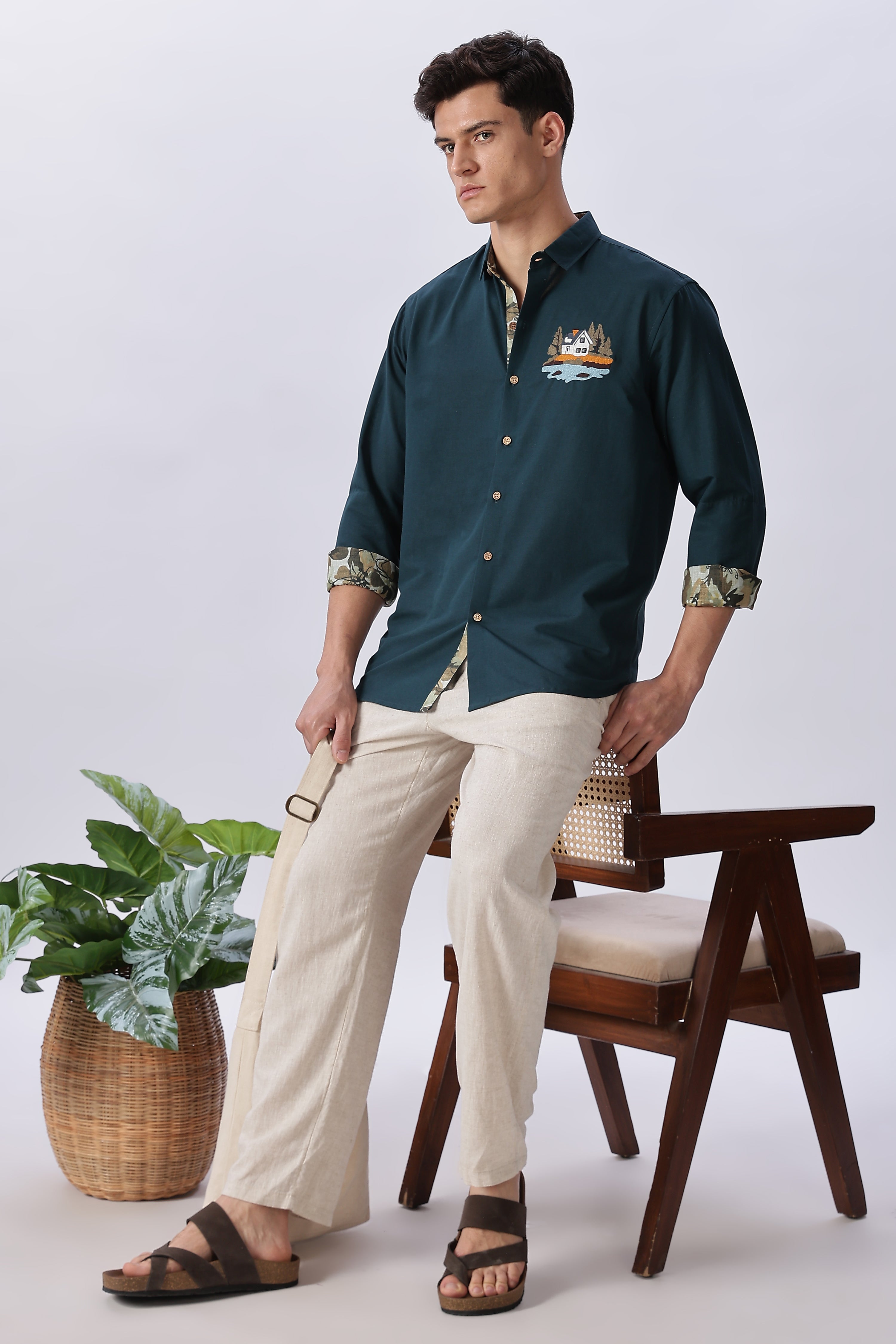 Lakeside Forest Cabin Embroidered Cotton Shirt
