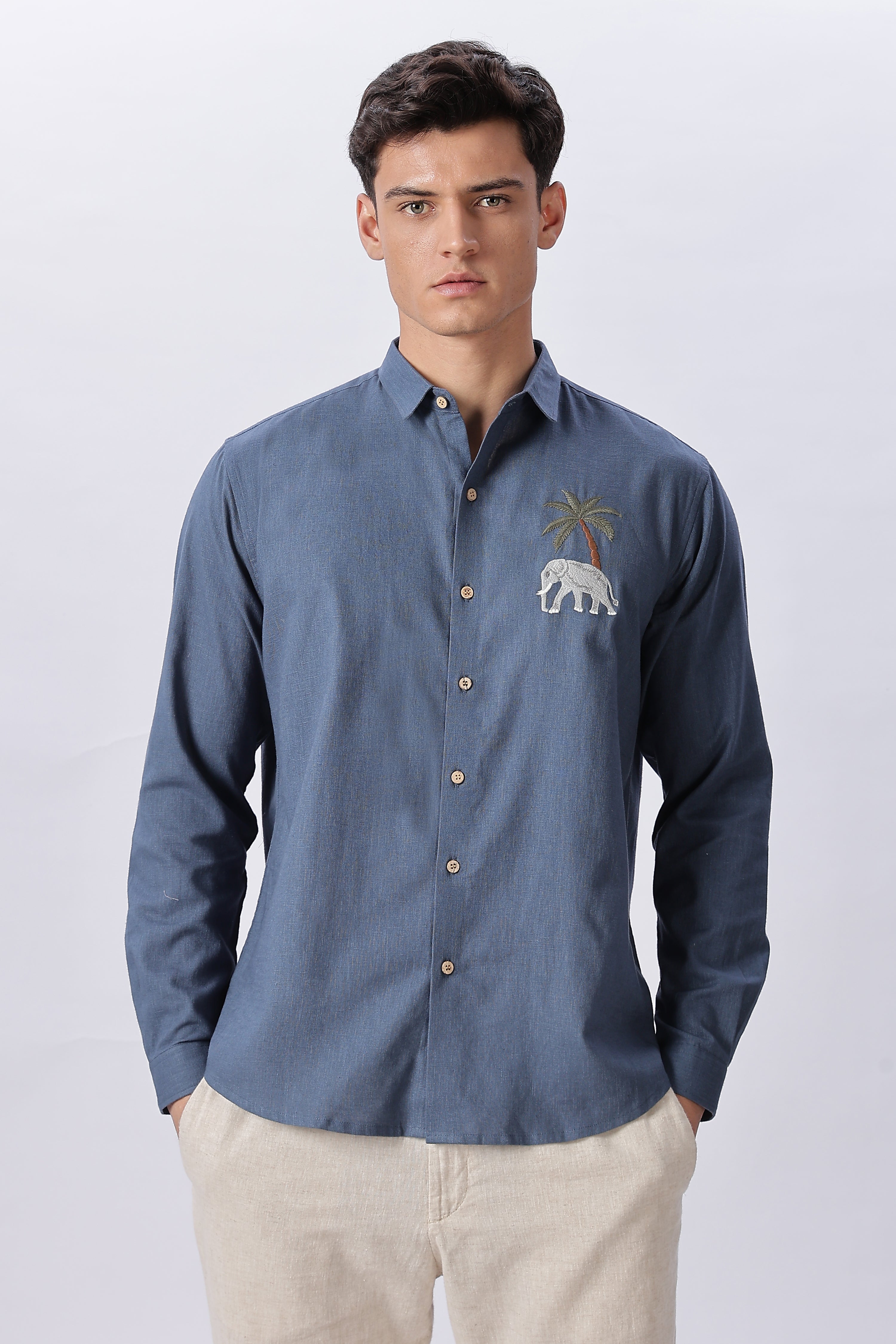 Elephant Savanna Cotton Regular Fit Blue Embroidered Shirt