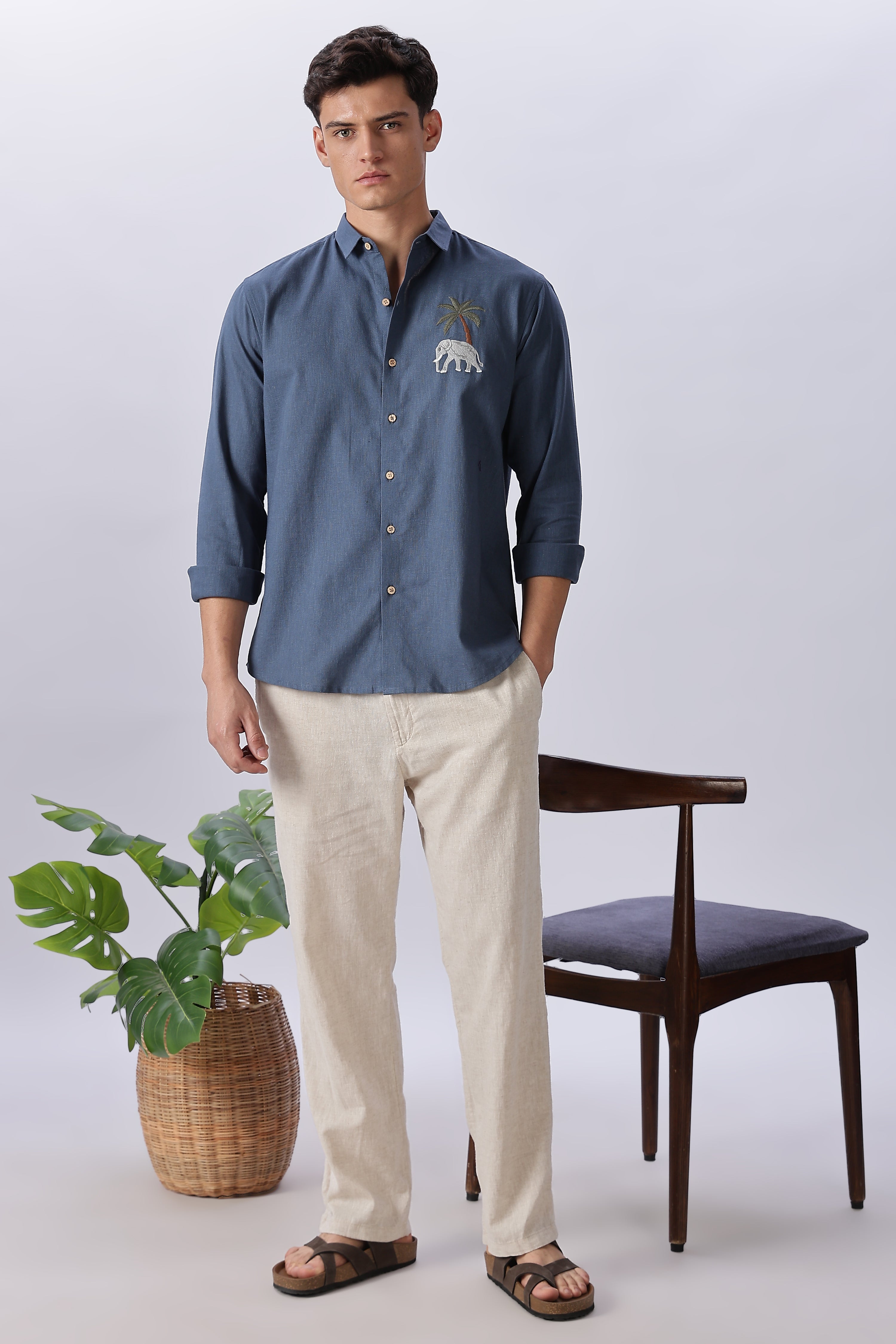 Elephant Savanna Cotton Regular Fit Blue Embroidered Shirt