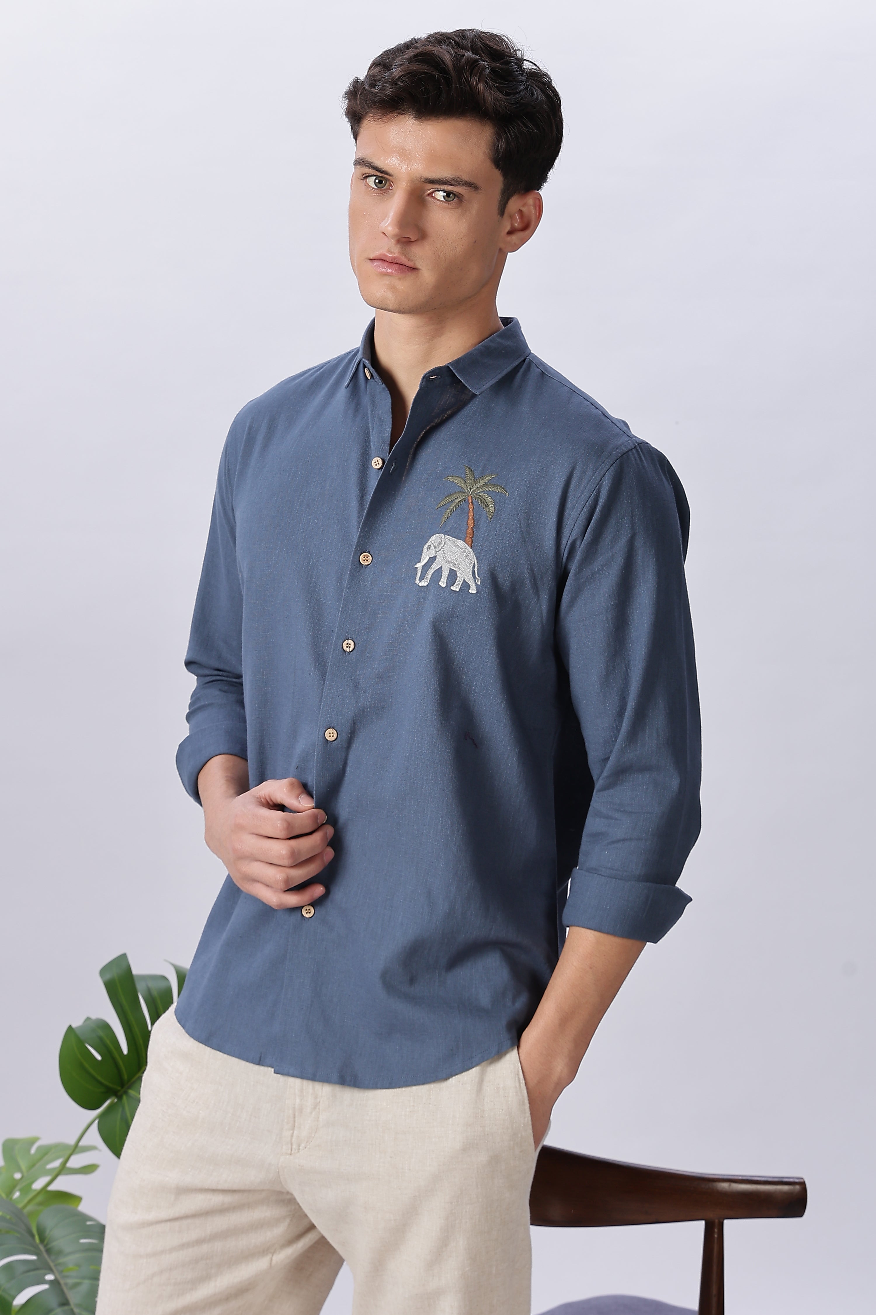 Elephant Savanna Cotton Regular Fit Blue Embroidered Shirt