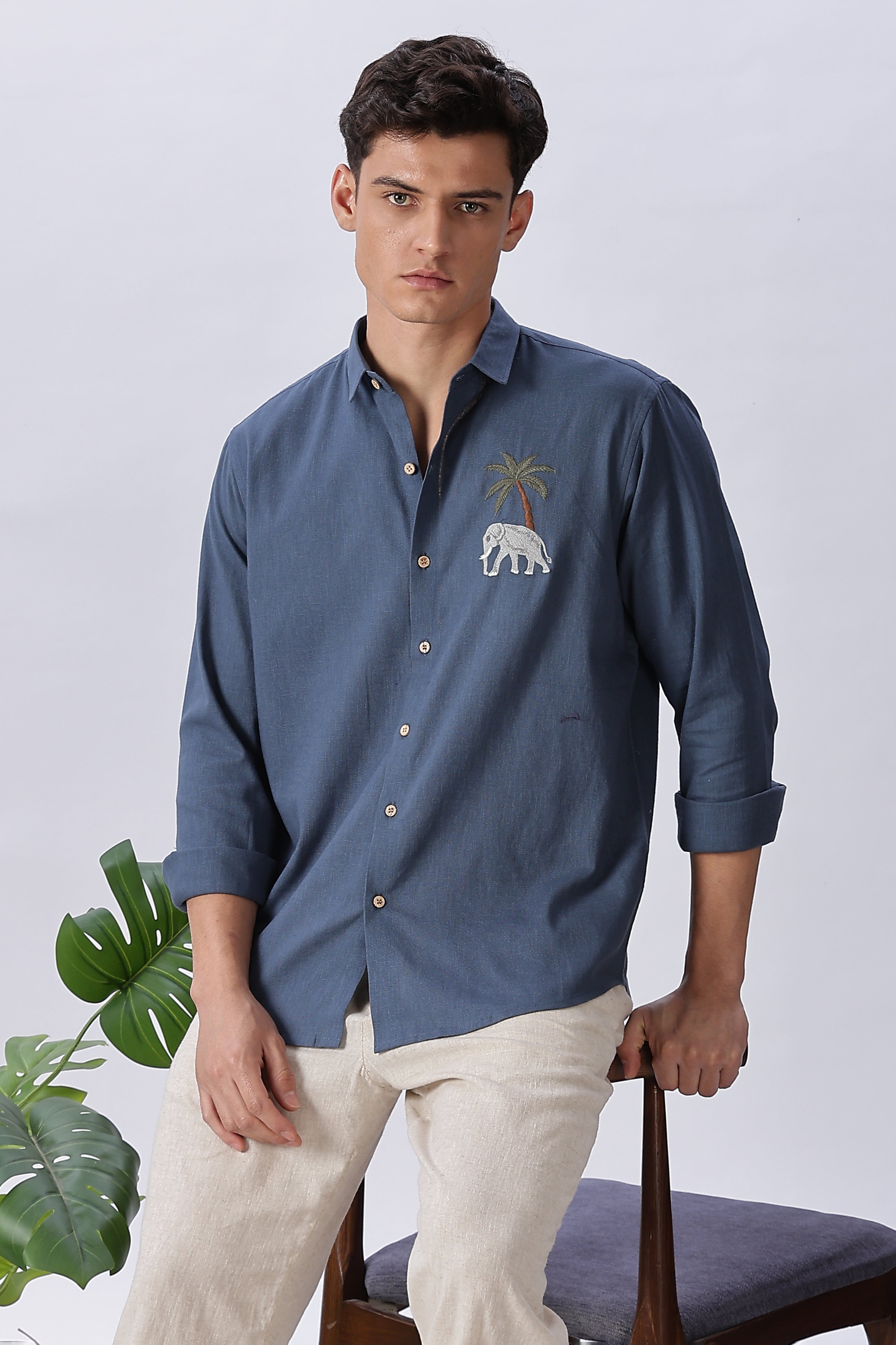 Elephant Savanna Cotton Regular Fit Blue Embroidered Shirt
