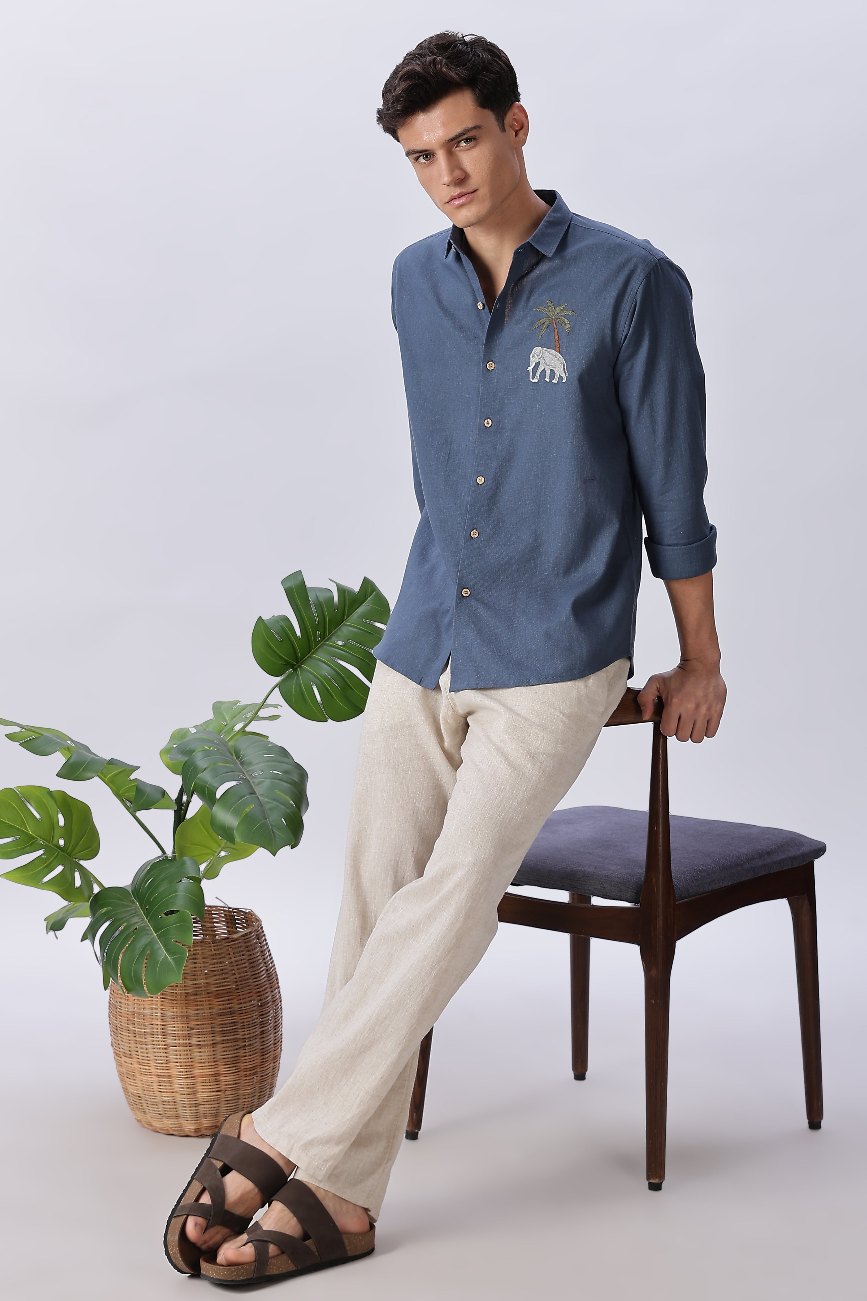 Elephant Savanna Cotton Regular Fit Blue Embroidered Shirt