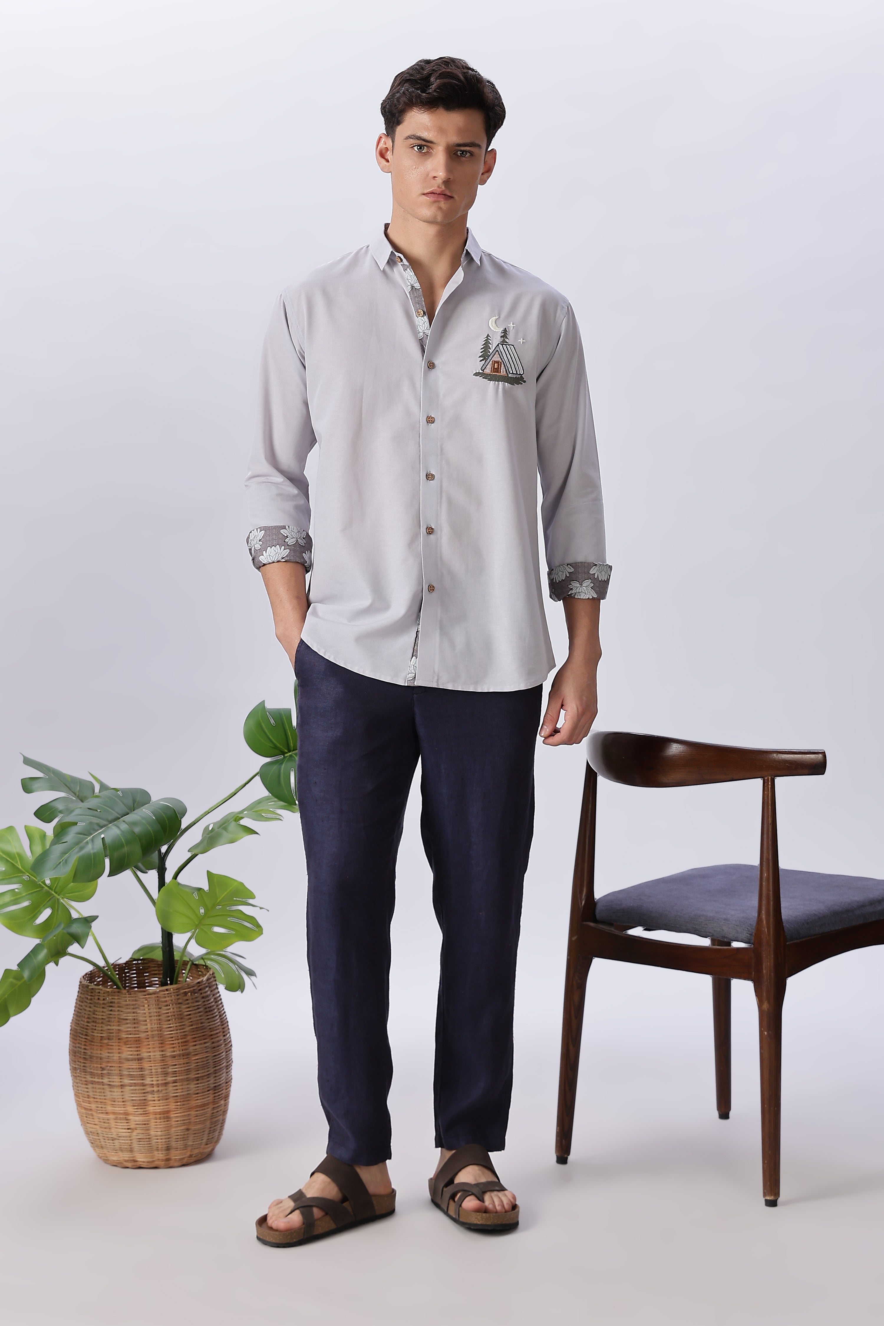 Moonlit Cabin Embroidered Cotton Shirt