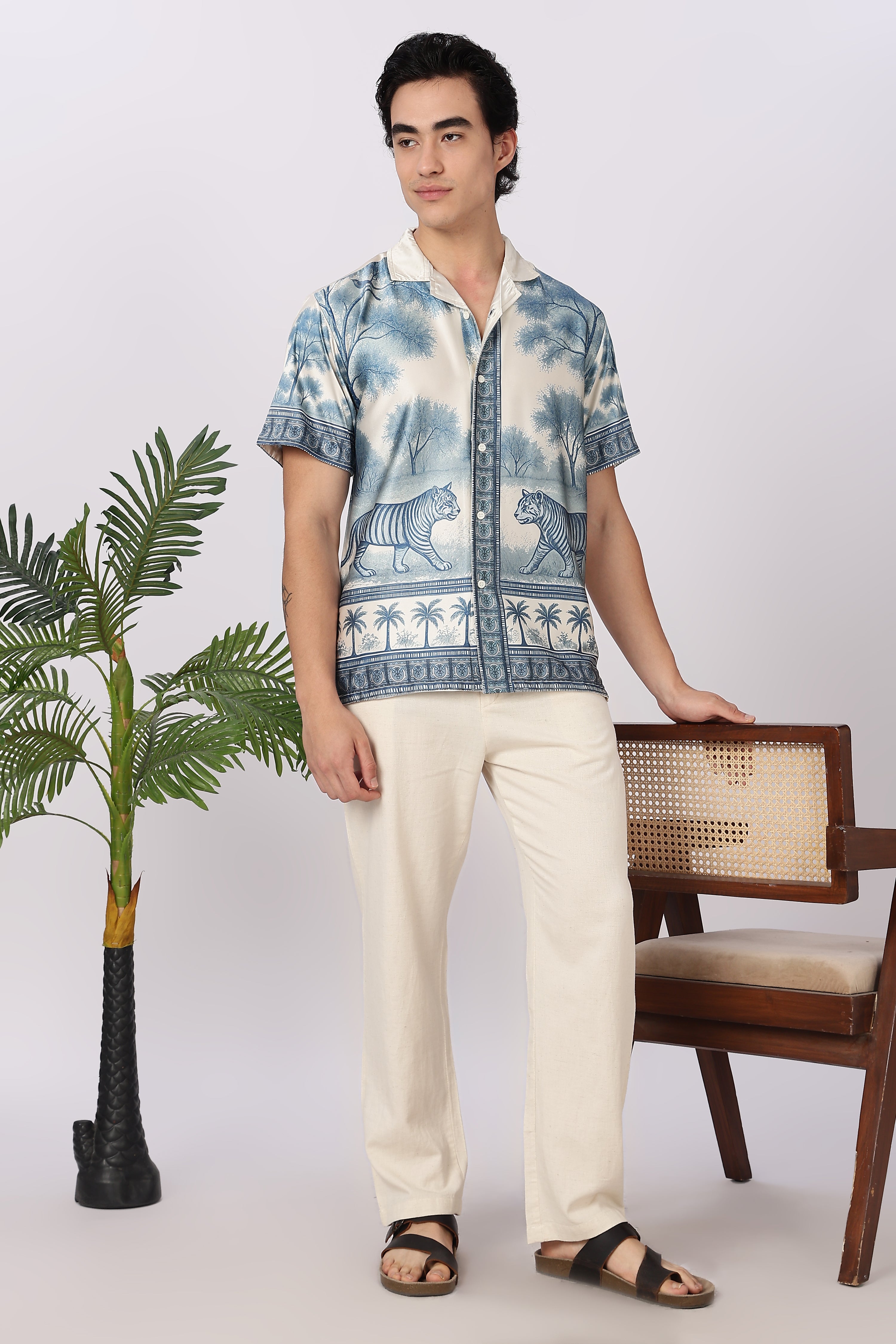 Royal Safari Scenic Cotton Box Fit Beige Printed Shirt