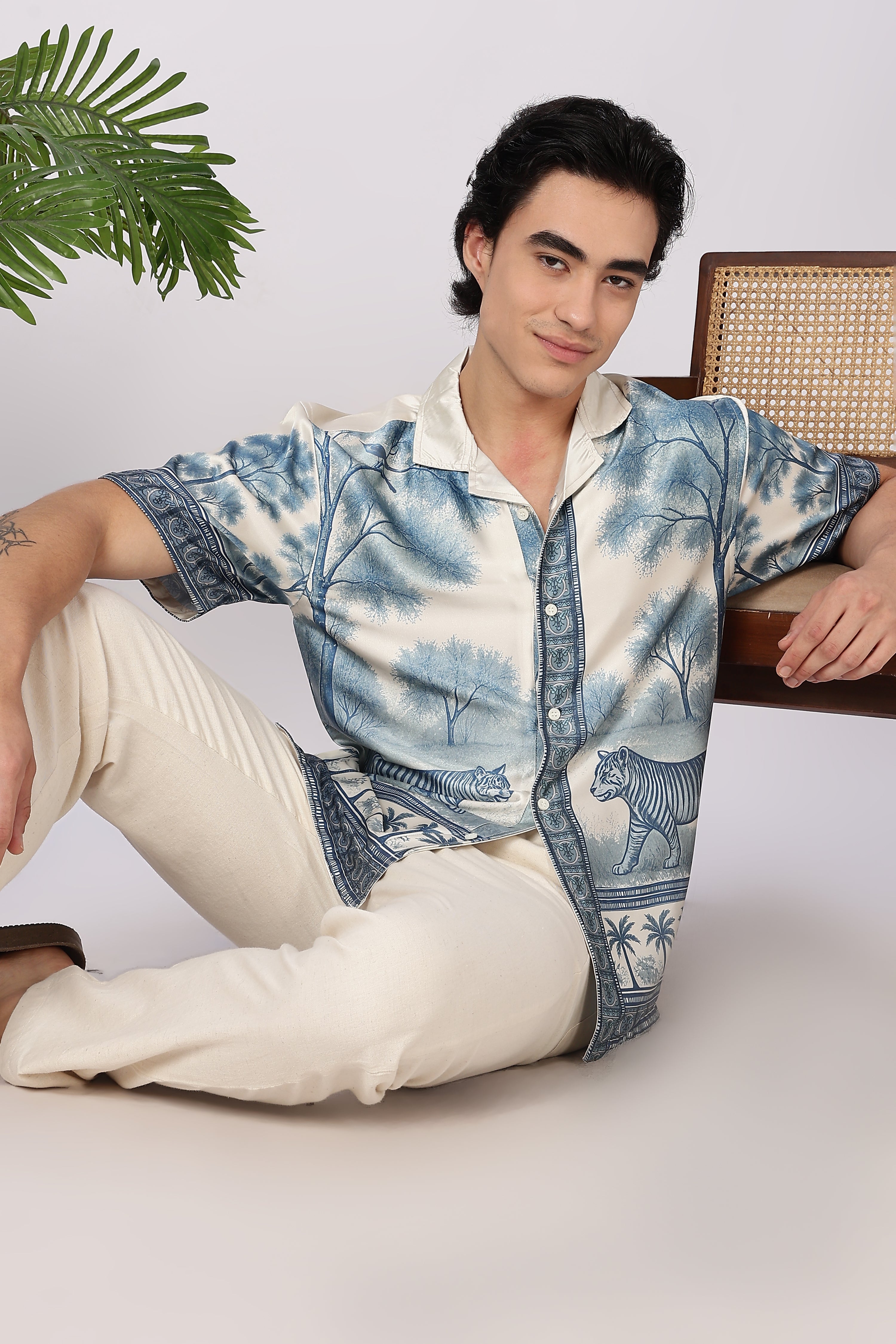 Royal Safari Scenic Cotton Box Fit Beige Printed Shirt