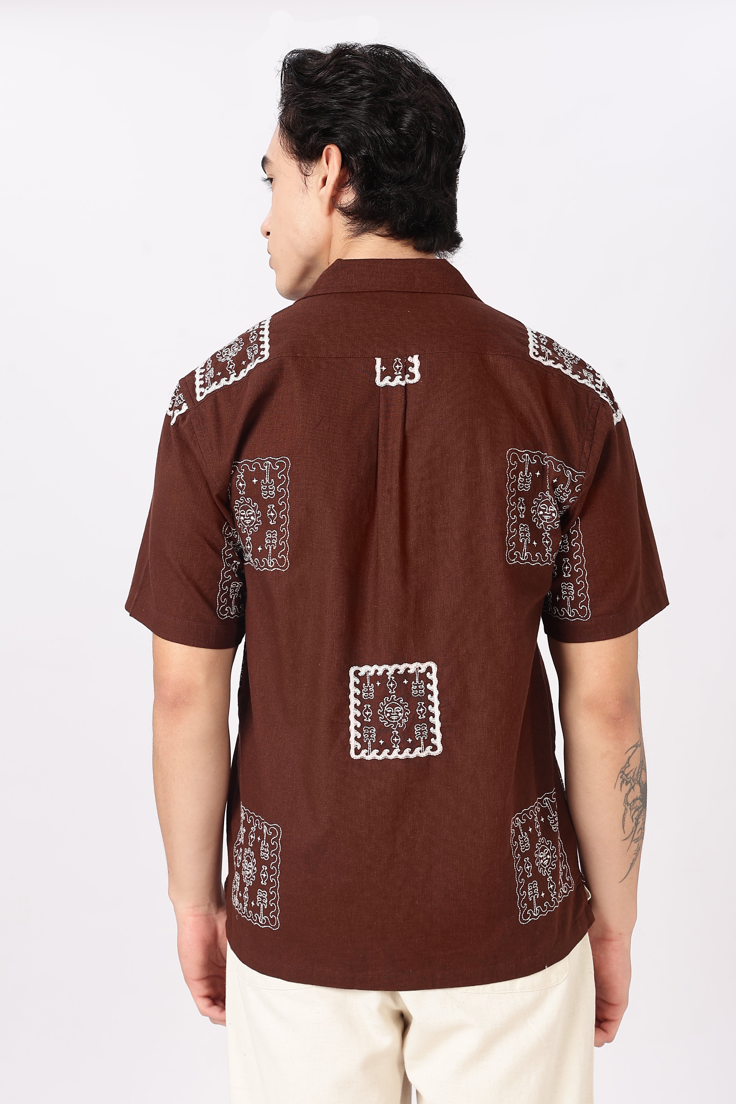 Desert Mosaic Cotton Box Fit Brown Embroidered Shirt