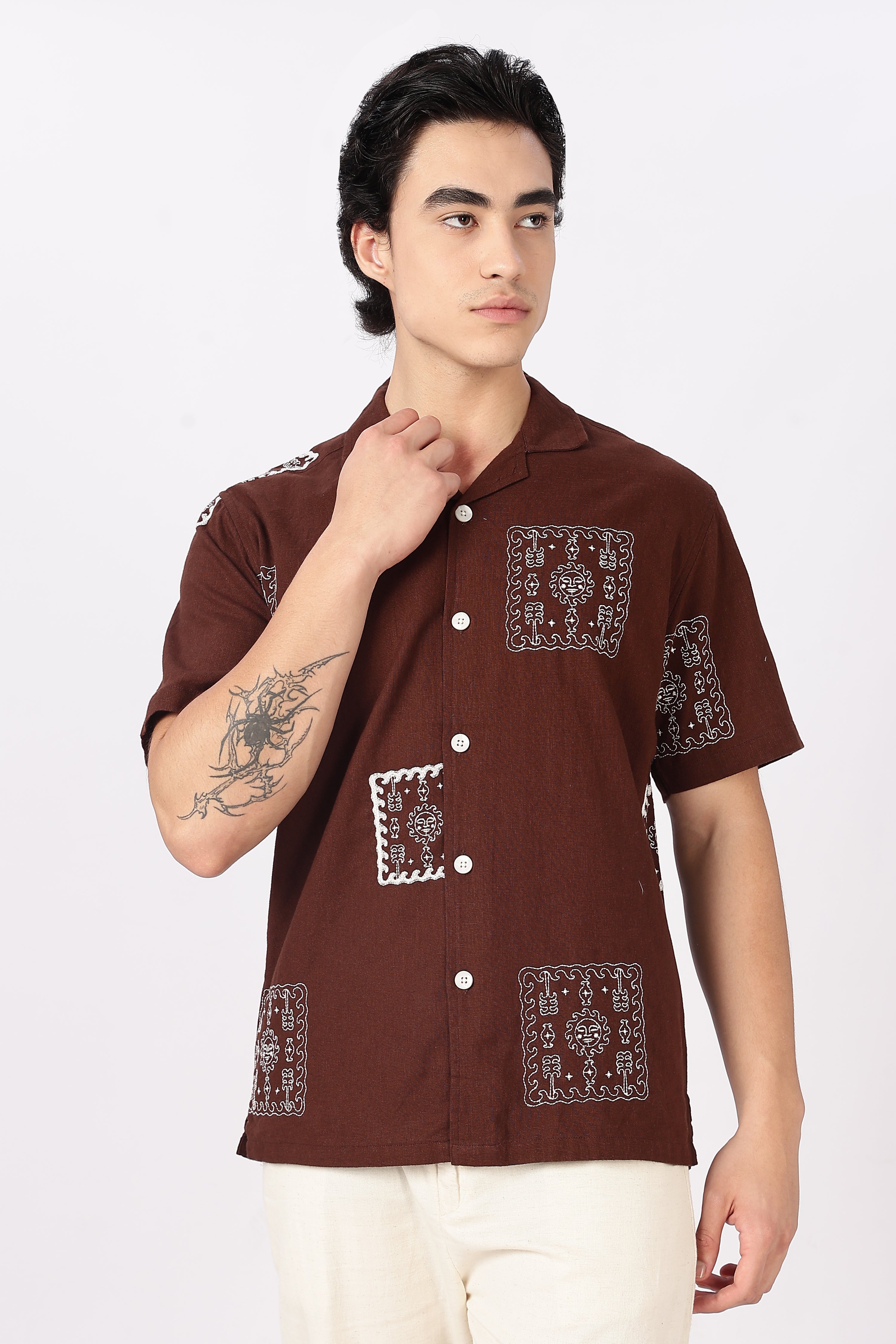 Desert Mosaic Cotton Box Fit Brown Embroidered Shirt