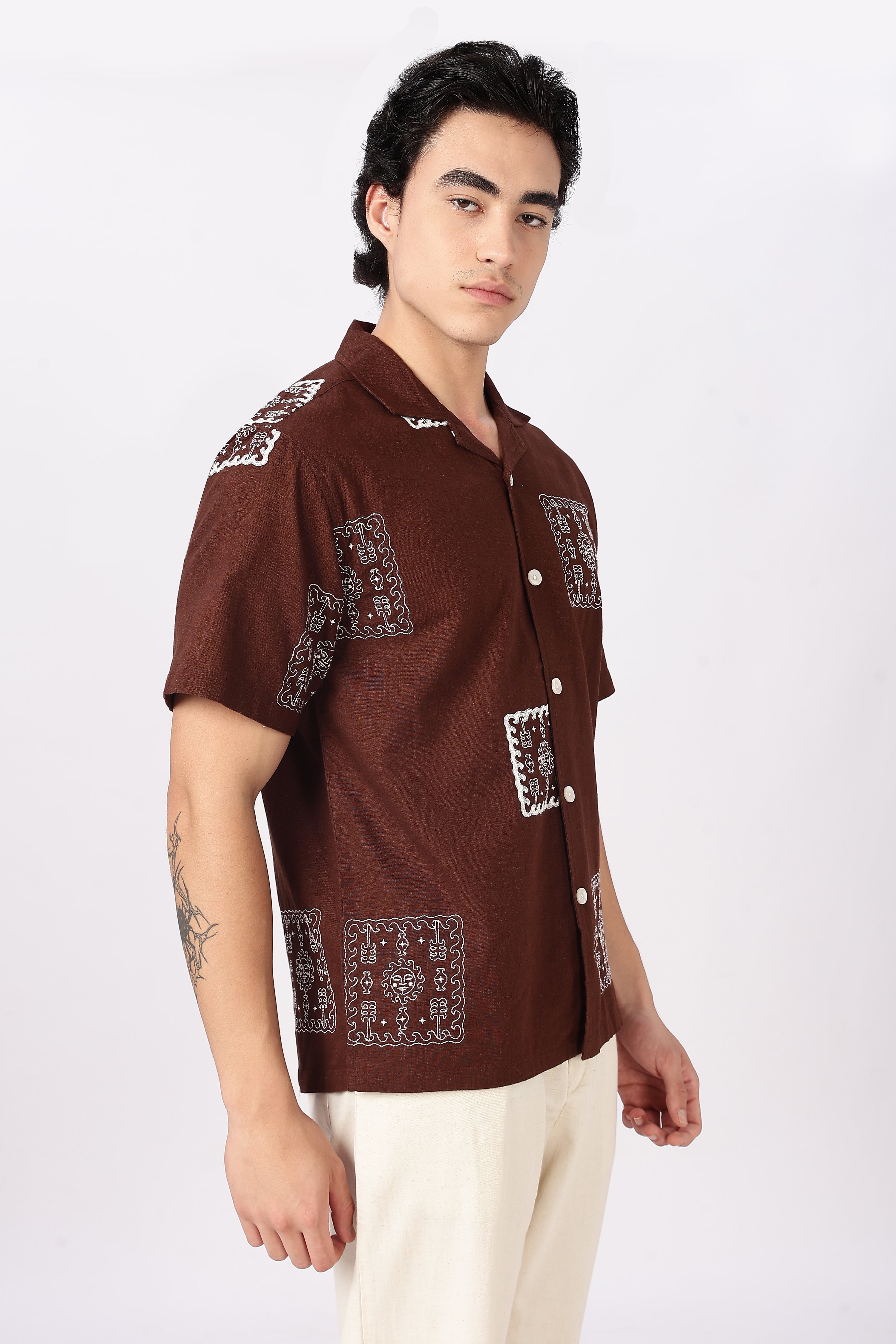 Desert Mosaic Cotton Box Fit Brown Embroidered Shirt