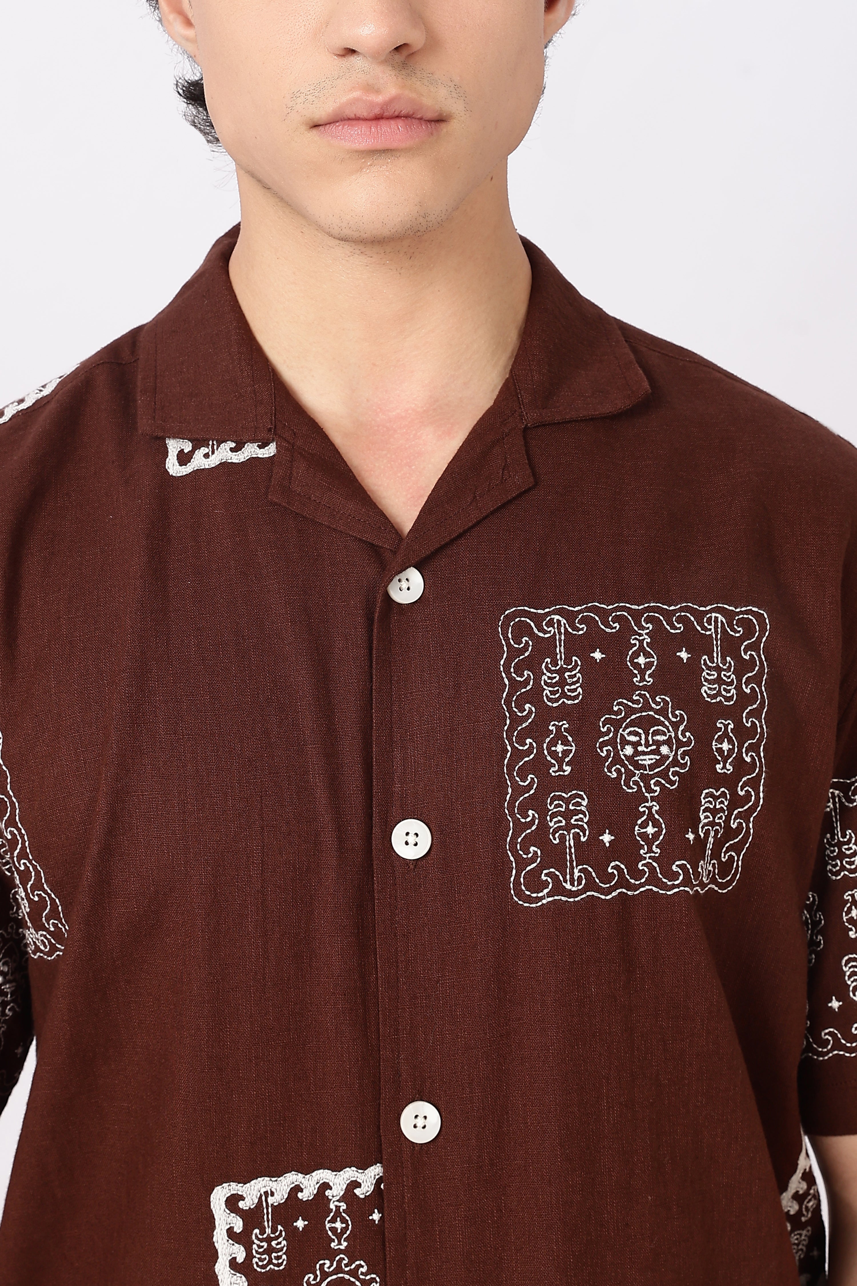 Desert Mosaic Cotton Box Fit Brown Embroidered Shirt
