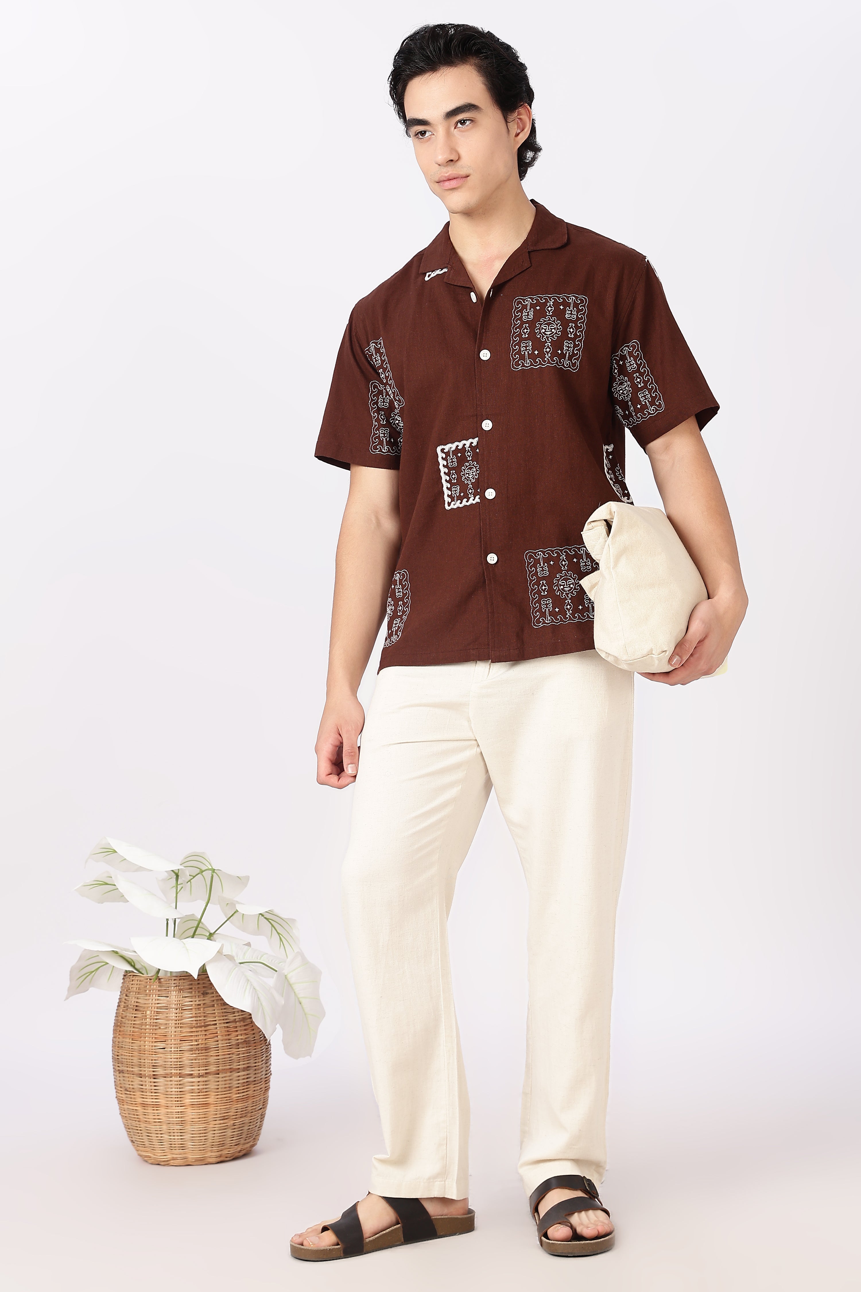 Desert Mosaic Cotton Box Fit Brown Embroidered Shirt