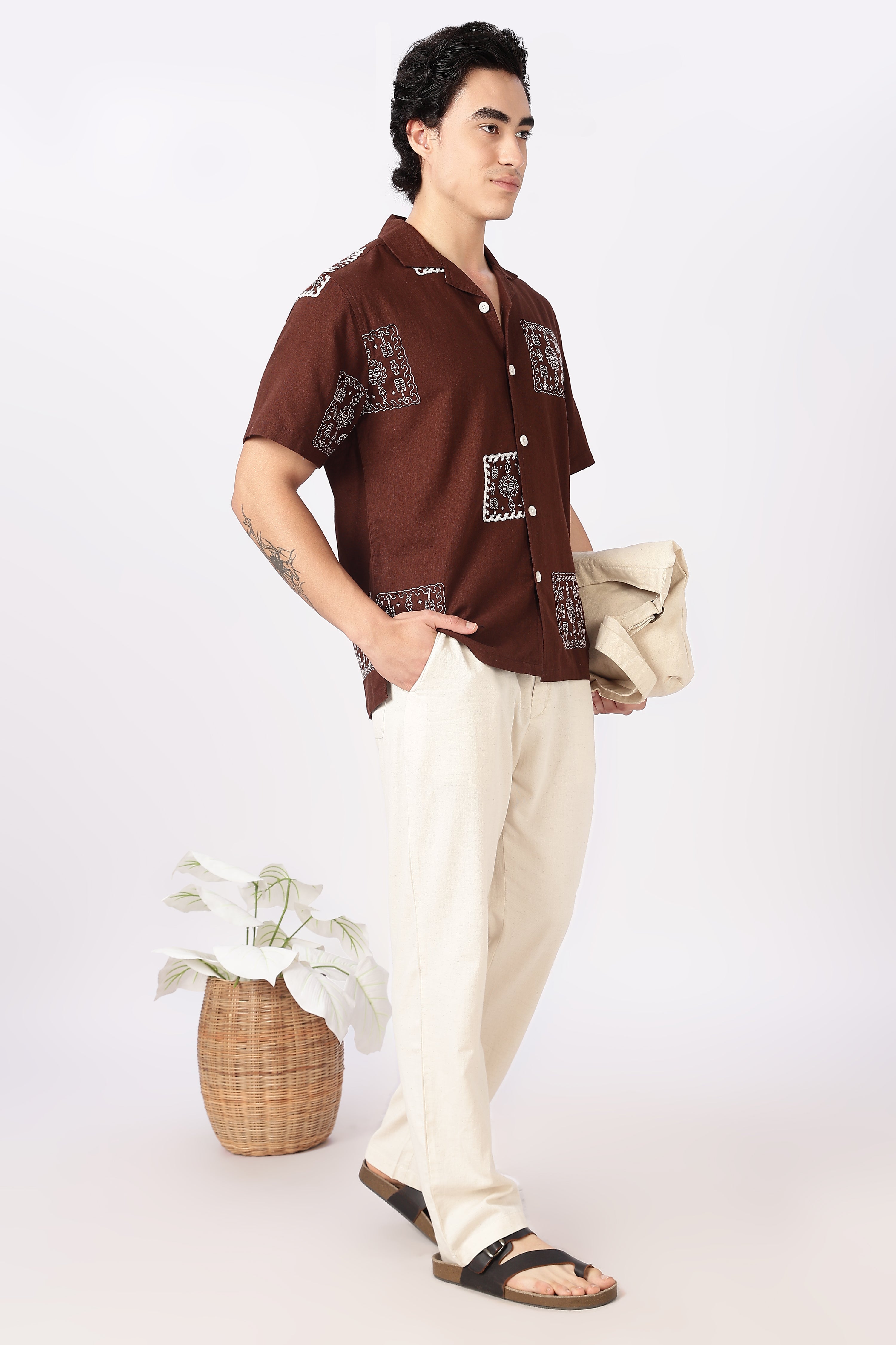 Desert Mosaic Cotton Box Fit Brown Embroidered Shirt